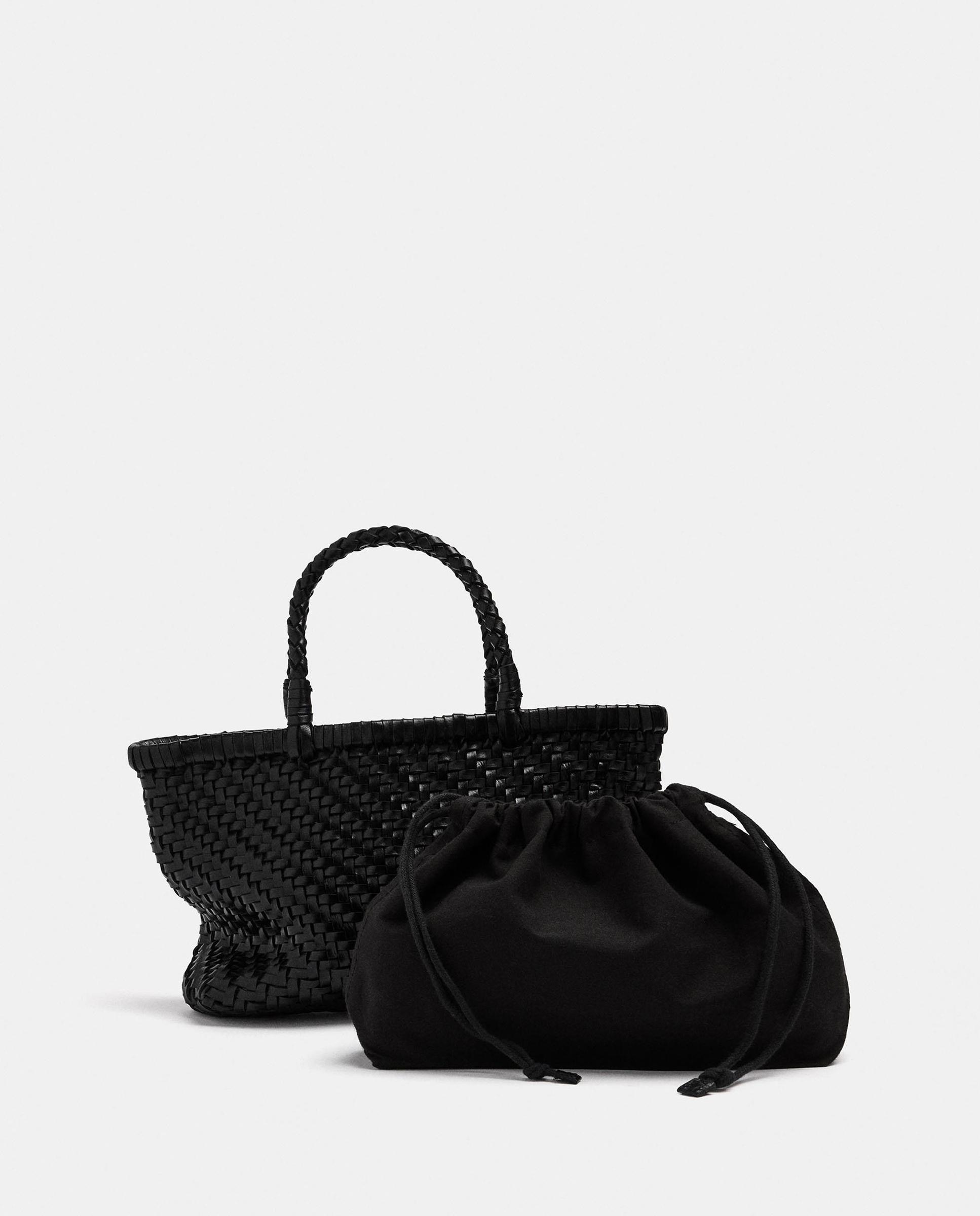 Imagen 3 de Bolso de mano 100% piel trenzado estilo tote convertible a bandolera con cierre de cuerda y neceser extraíble - Parfois - Negro Negro