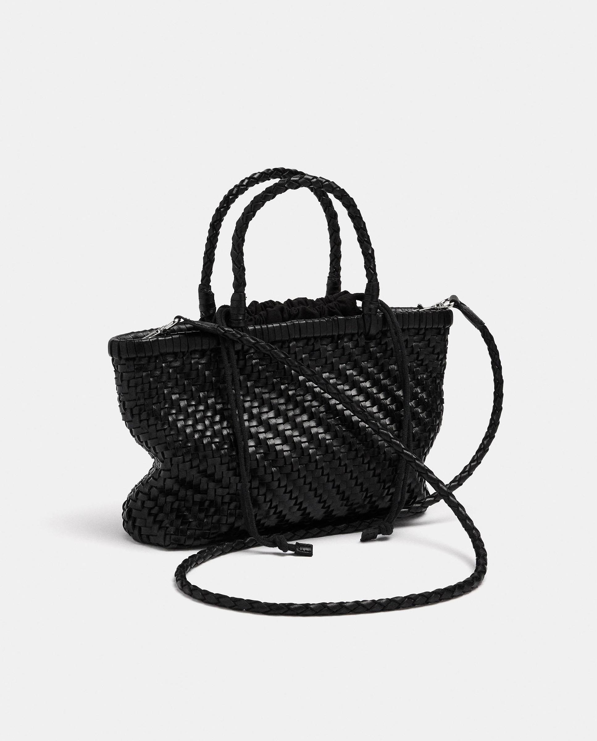 Imagen 5 de Bolso de mano 100% piel trenzado estilo tote convertible a bandolera con cierre de cuerda y neceser extraíble - Parfois - Negro Negro