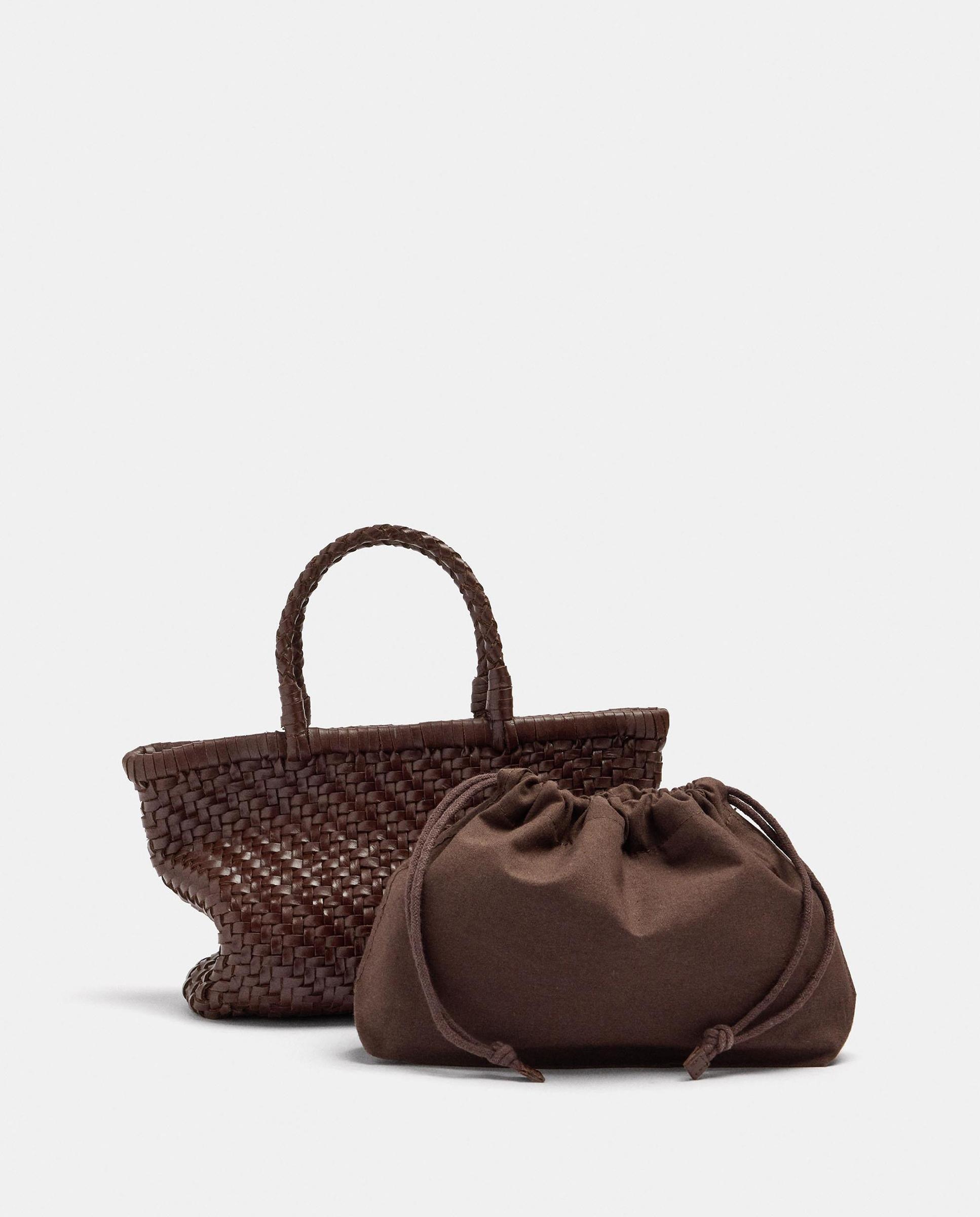 Imagen 3 de Bolso de mano 100% piel trenzado estilo tote convertible a bandolera con cierre de cuerda y neceser extraíble - Parfois - Marrón oscuro Marrón oscuro