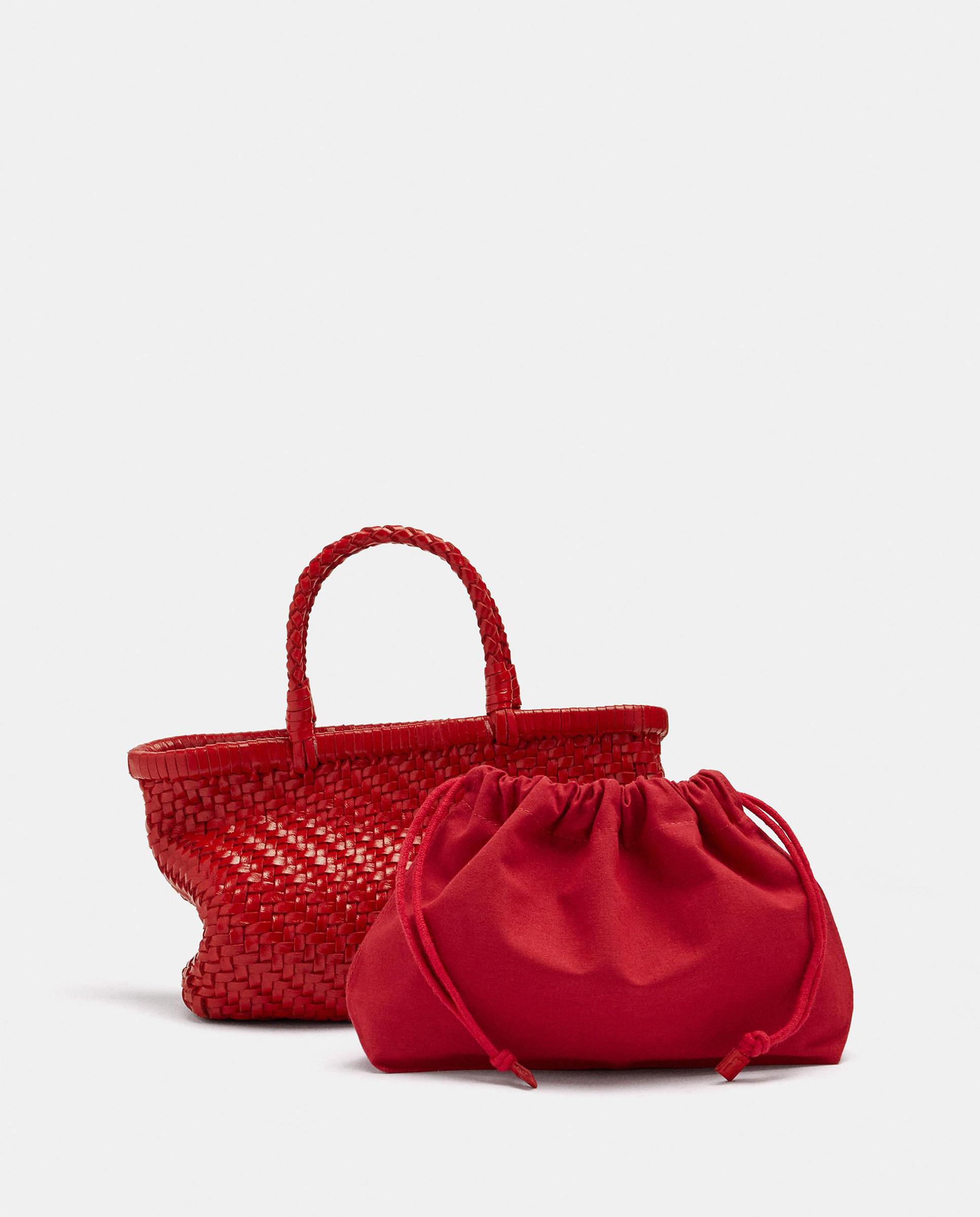 Imagen 3 de Bolso de mano 100% piel trenzado estilo tote convertible a bandolera con cierre de cuerda y neceser extraíble - Parfois - Rojo Rojo
