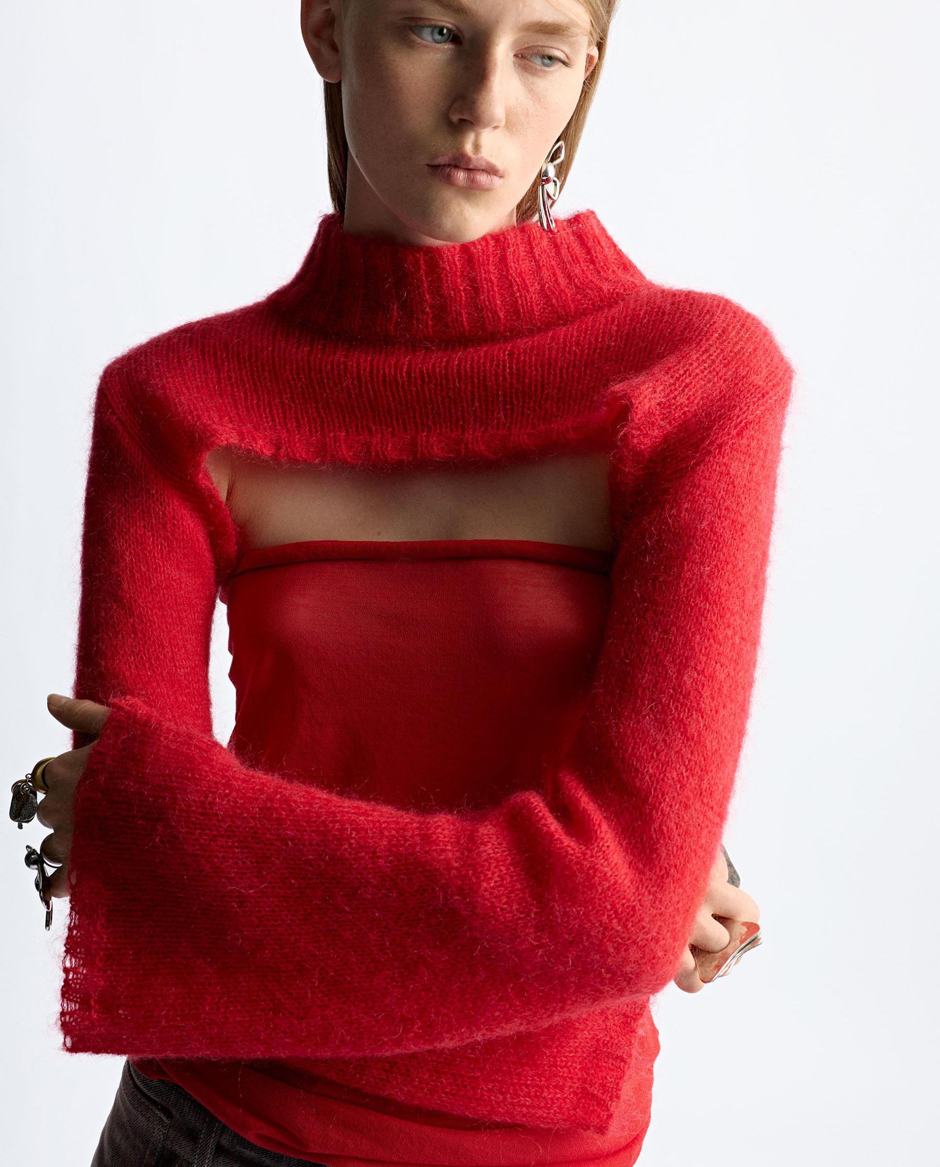 Jersey de mujer de punto crop en liso - Parfois - Rojo Rojo-3
