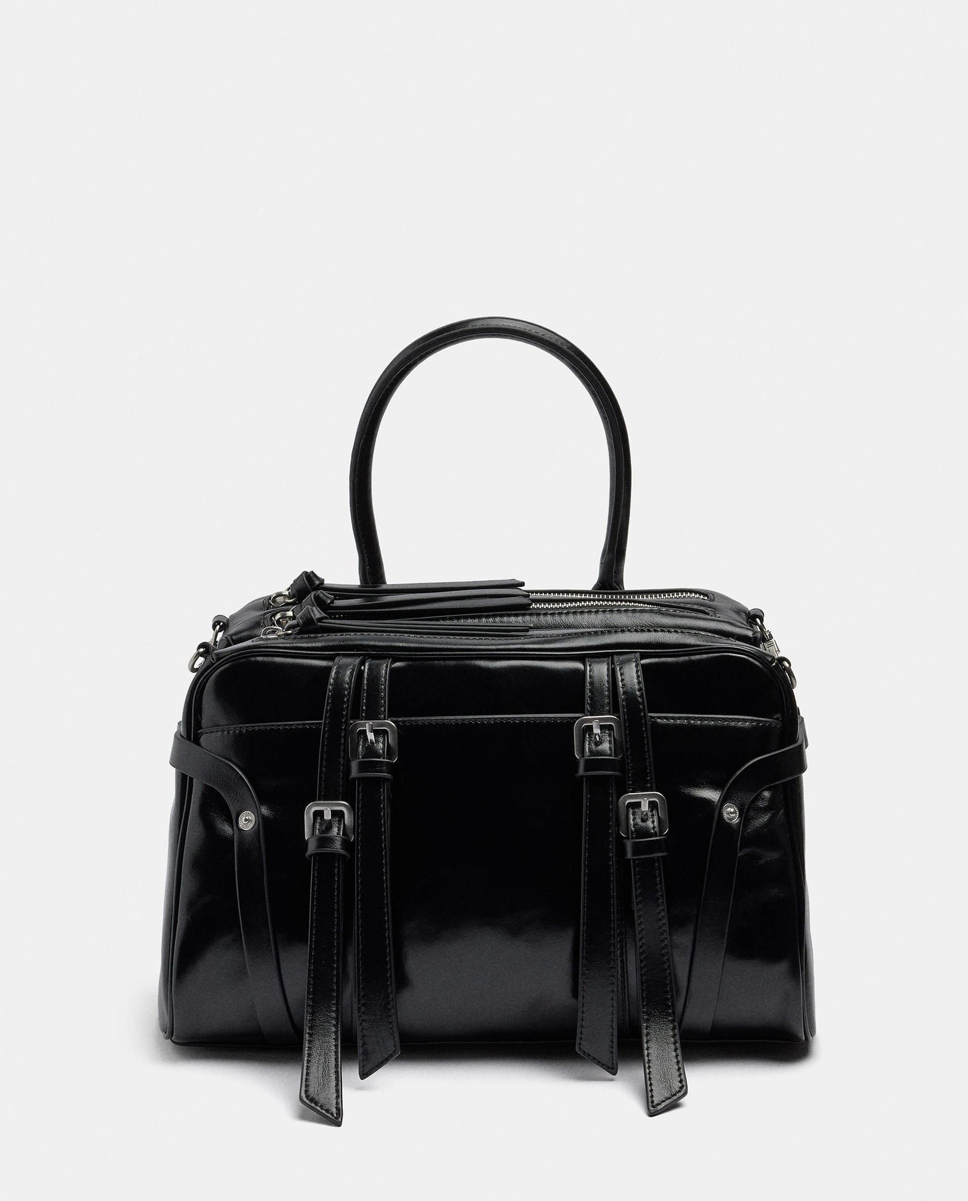 Bolso de hombro 100% piel con varios compartimentos y cierre de cremallera en liso - Parfois - Negro Negro-1
