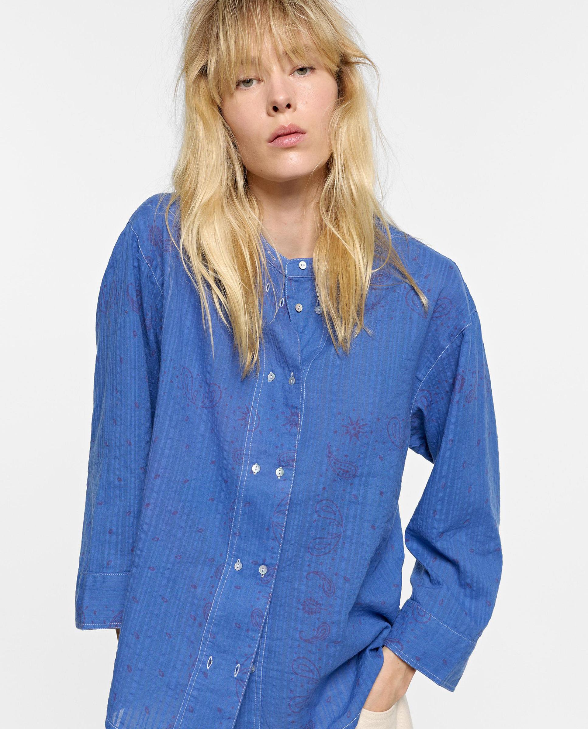 Camisa de mujer 100% algodón de manga larga con microestampado - Parfois - Azul Azul-1