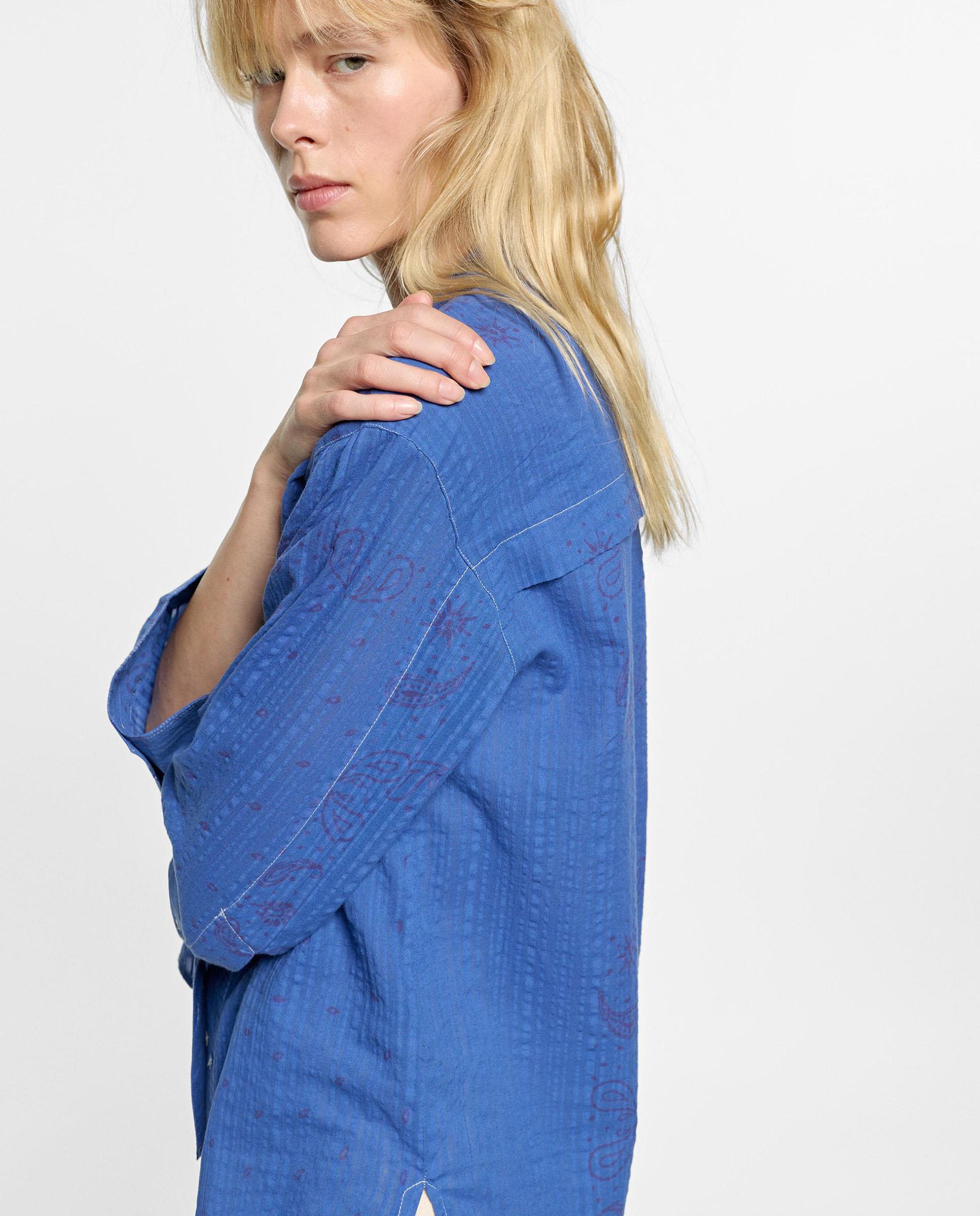 Camisa de mujer 100% algodón de manga larga con microestampado - Parfois - Azul Azul-3