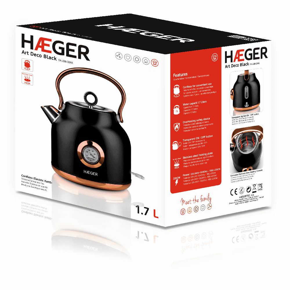 Hervidor Eléctrico Haeger Art deco Black 2200W con medidor de temperatura - Negro Negro-4