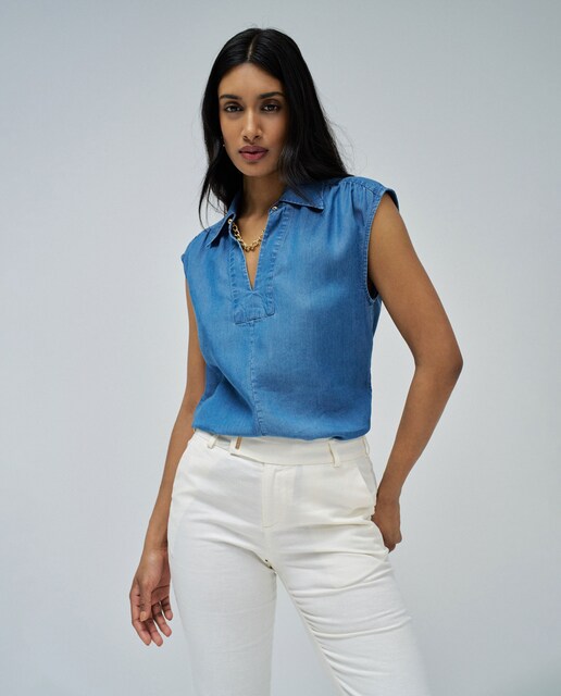 Imagen 0 de Blusa de mujer en lightdenim con cuello camisero