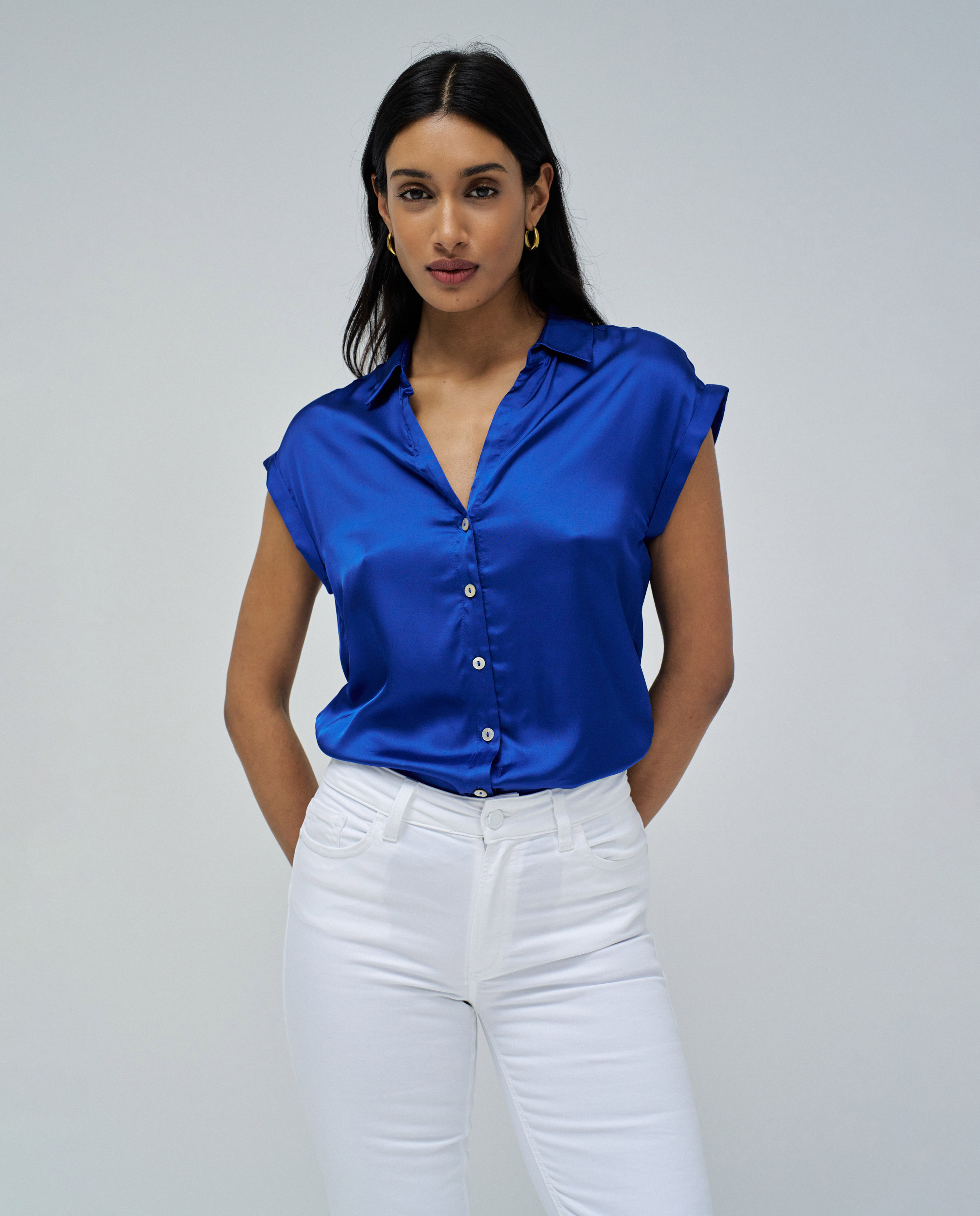 Blusa de mujer de satén con escote de pico - Salsa Jeans - Azul Cobalto Azul Cobalto-1
