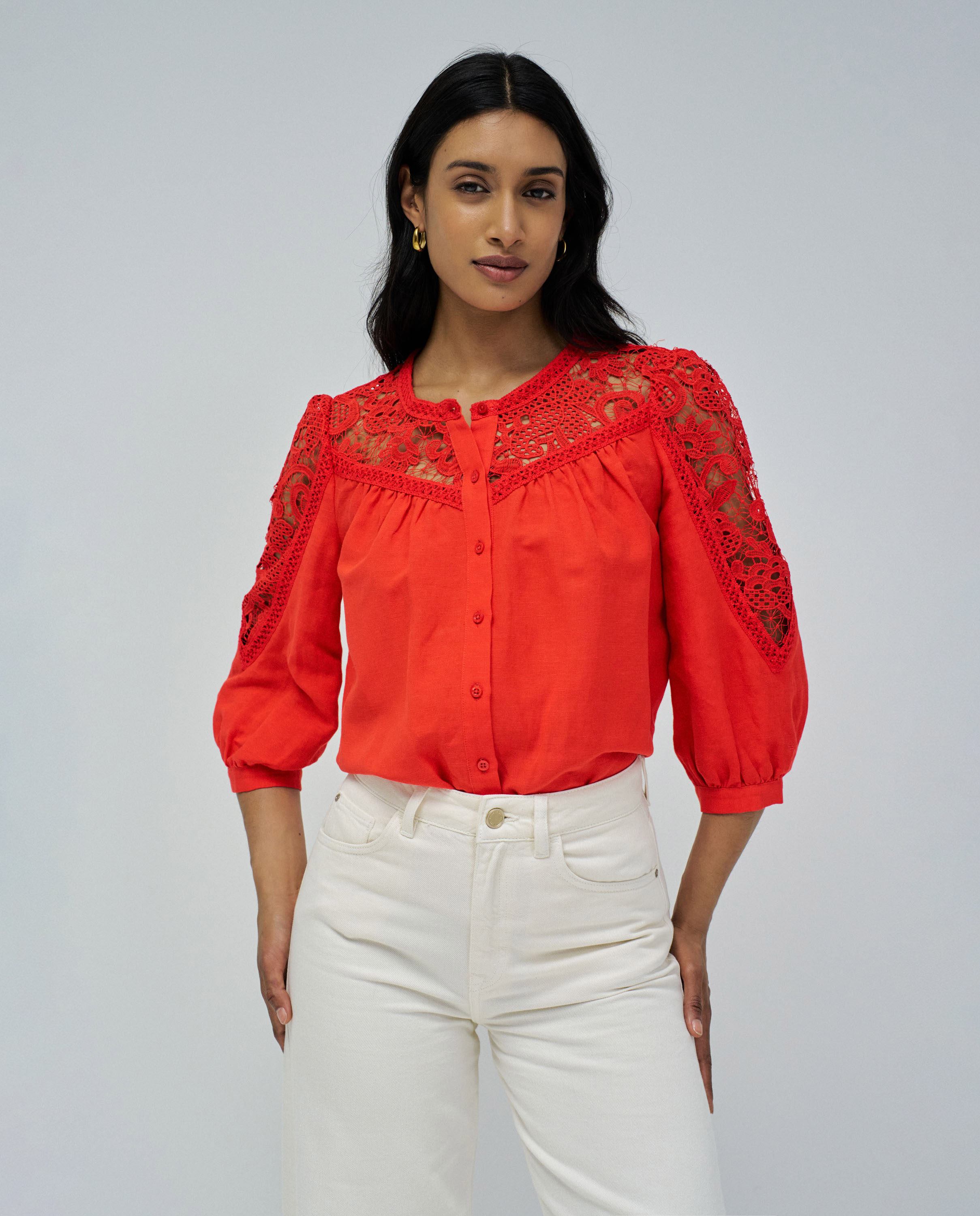 Camisa de mujer de lino con encaje - Salsa Jeans - Rojo Rojo-1