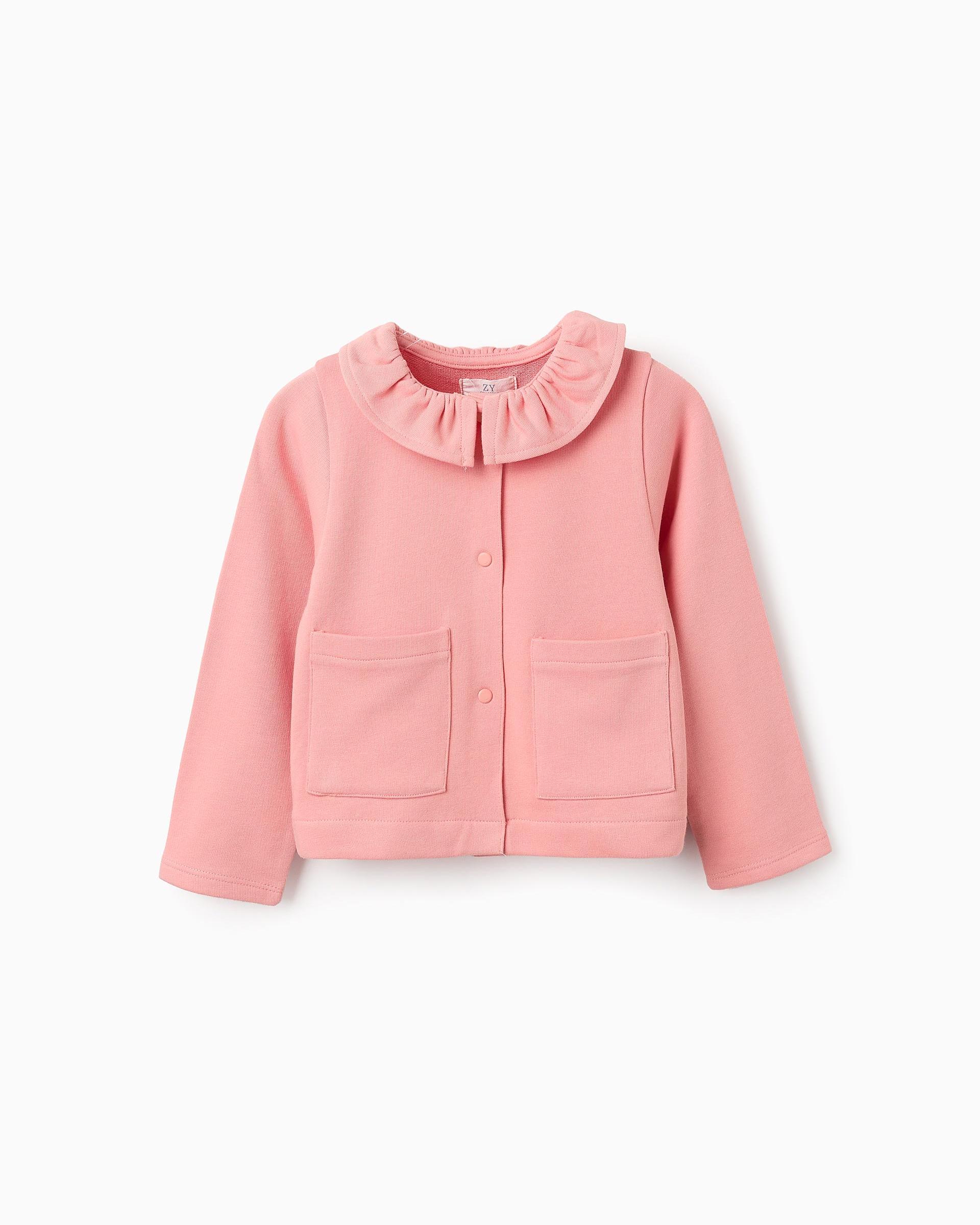 Chaqueta de niña con cuello volante y bolsillos parche