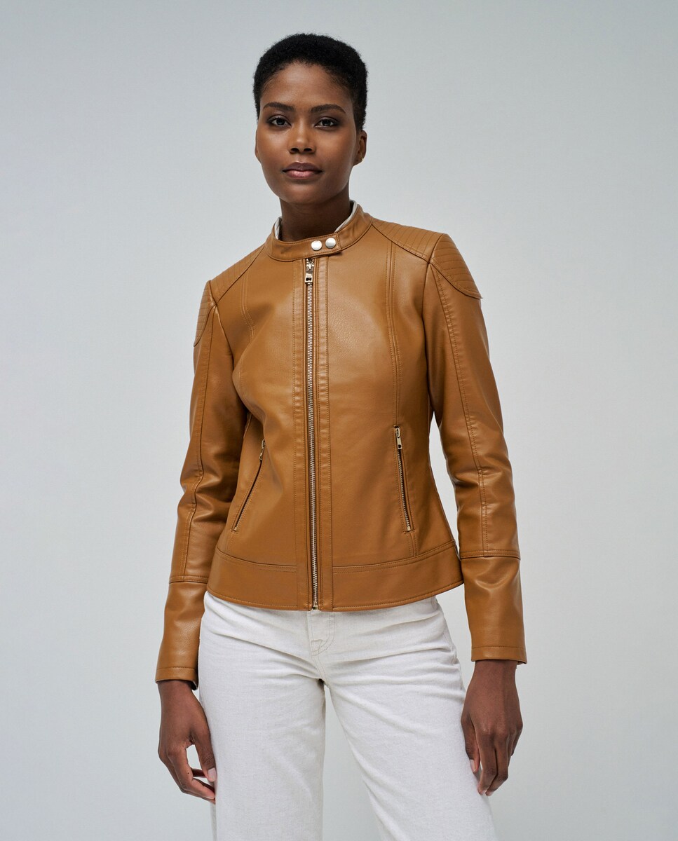 Michael Kors Chaqueta Piel Motera Piel Chamarra Verde Olivo Mujer