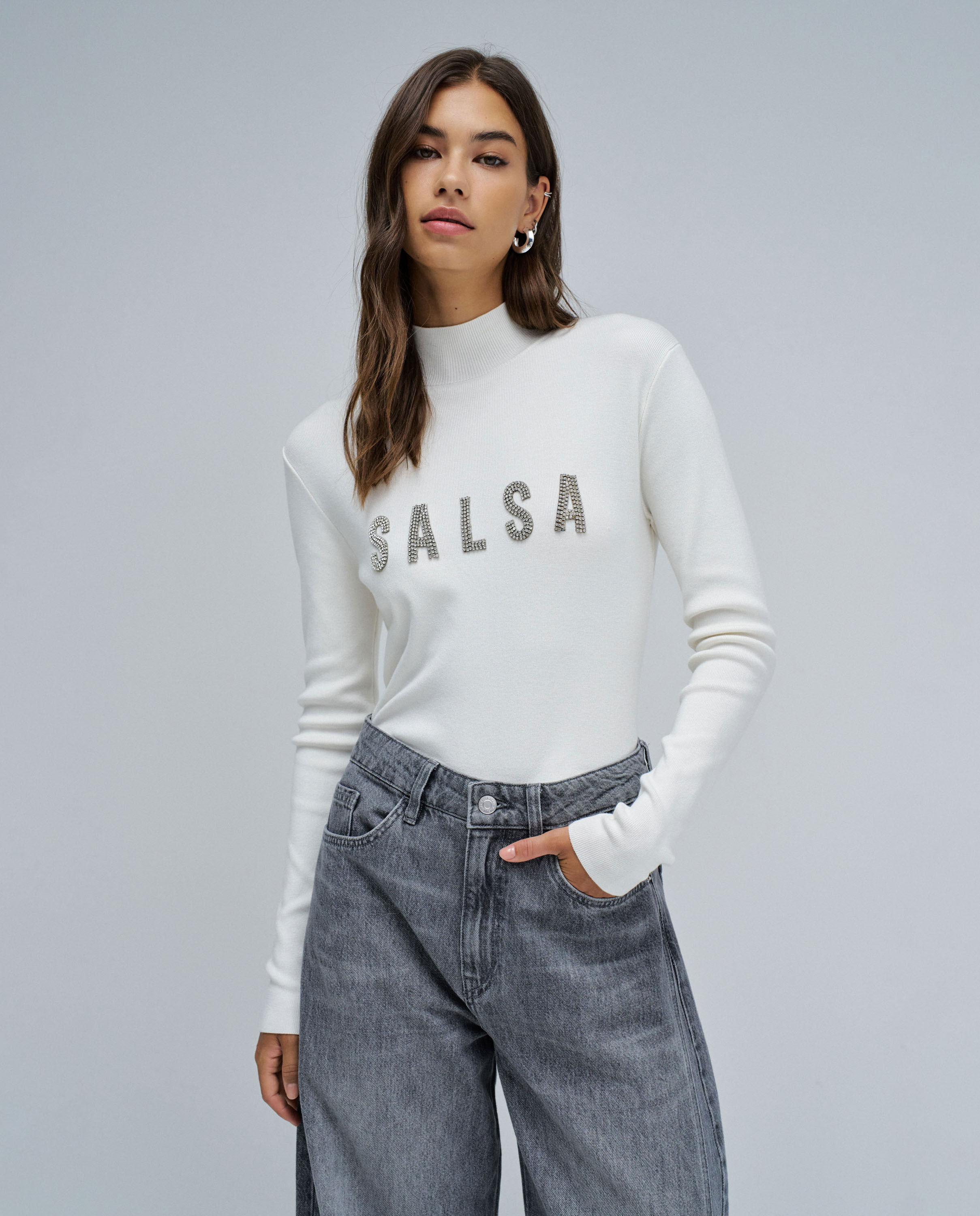 Jersey de mujer de punto acanalado con logo - Salsa Jeans - Crema Crema-1