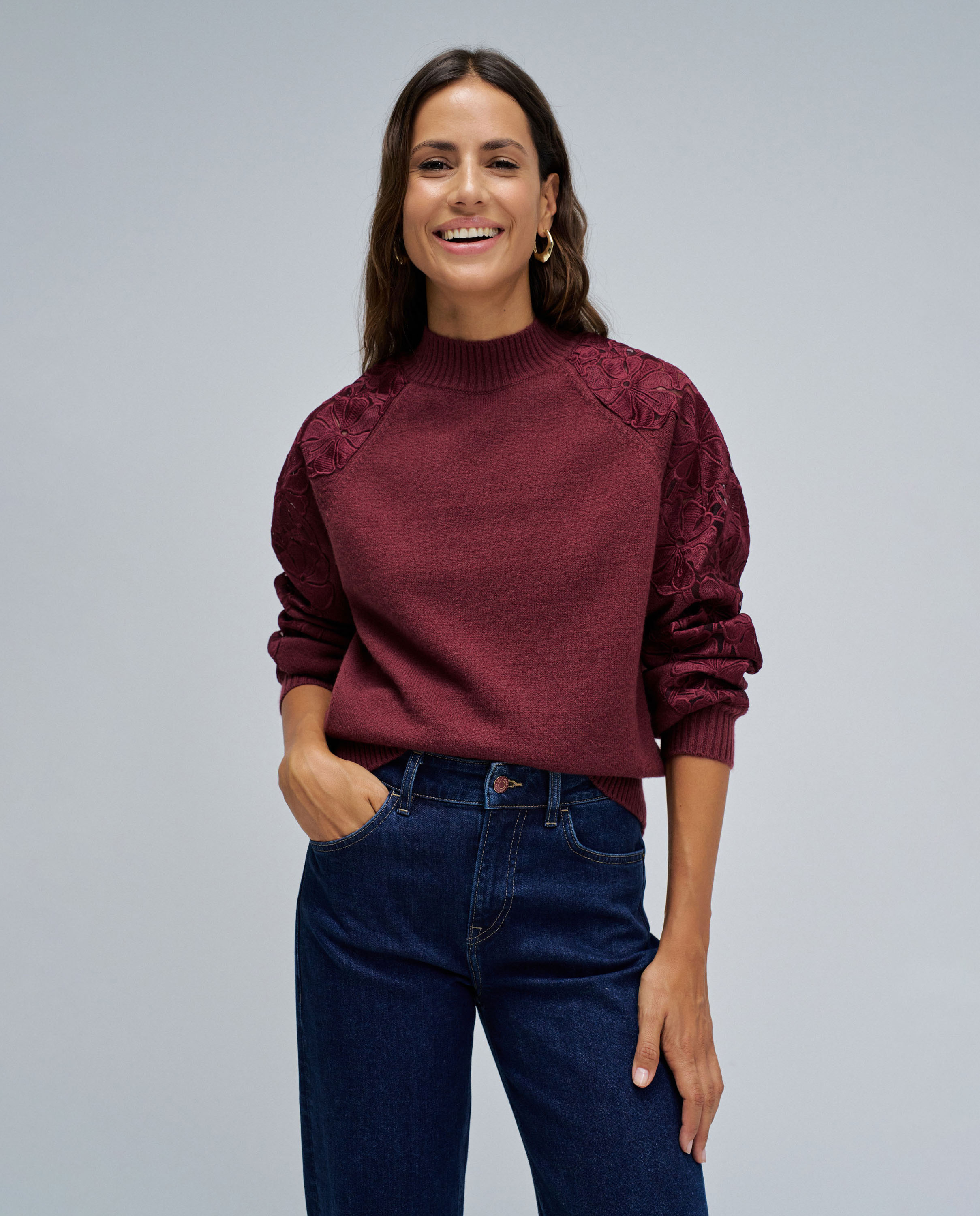 Jersey de mujer de punto con encaje - Salsa Jeans - Rojo Rojo-1