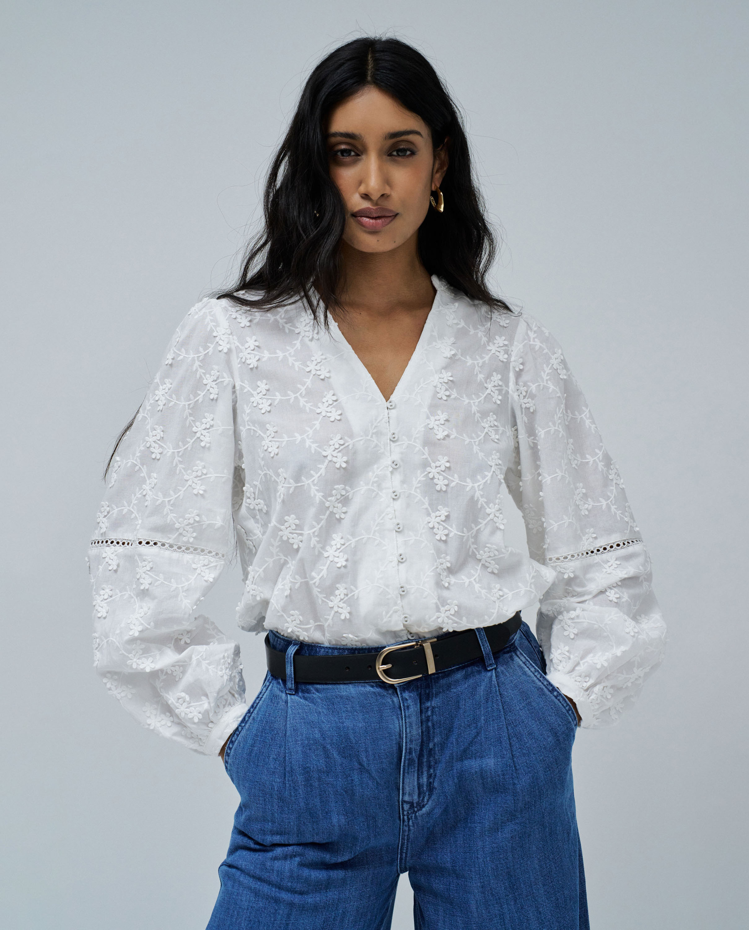 Blusa de mujer jacquard con estampado floral - Salsa Jeans - Blanco Blanco-1