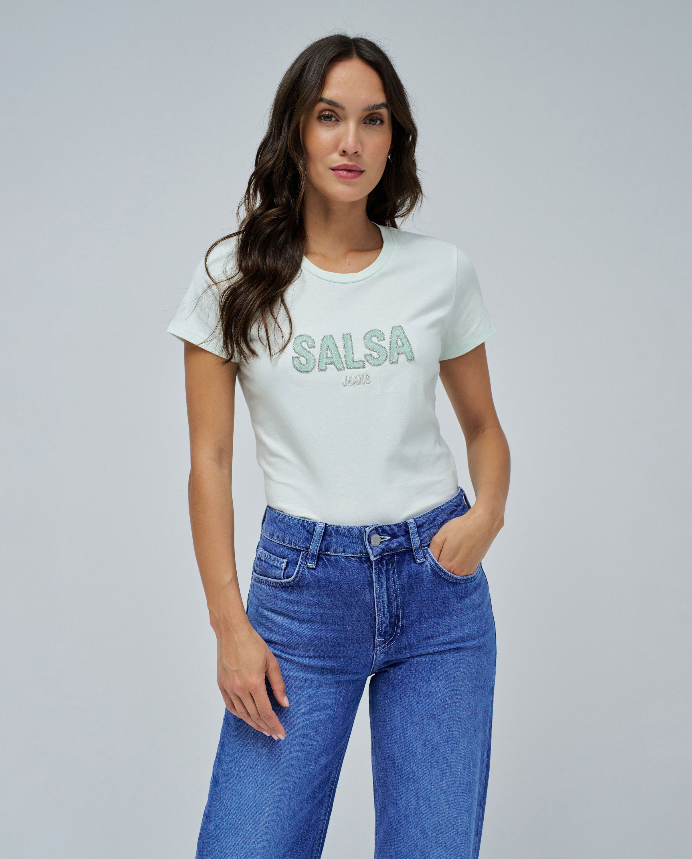Camiseta manga corta slim con logo de mujer - Salsa Jeans - Blanco / Verde Blanco / Verde-1