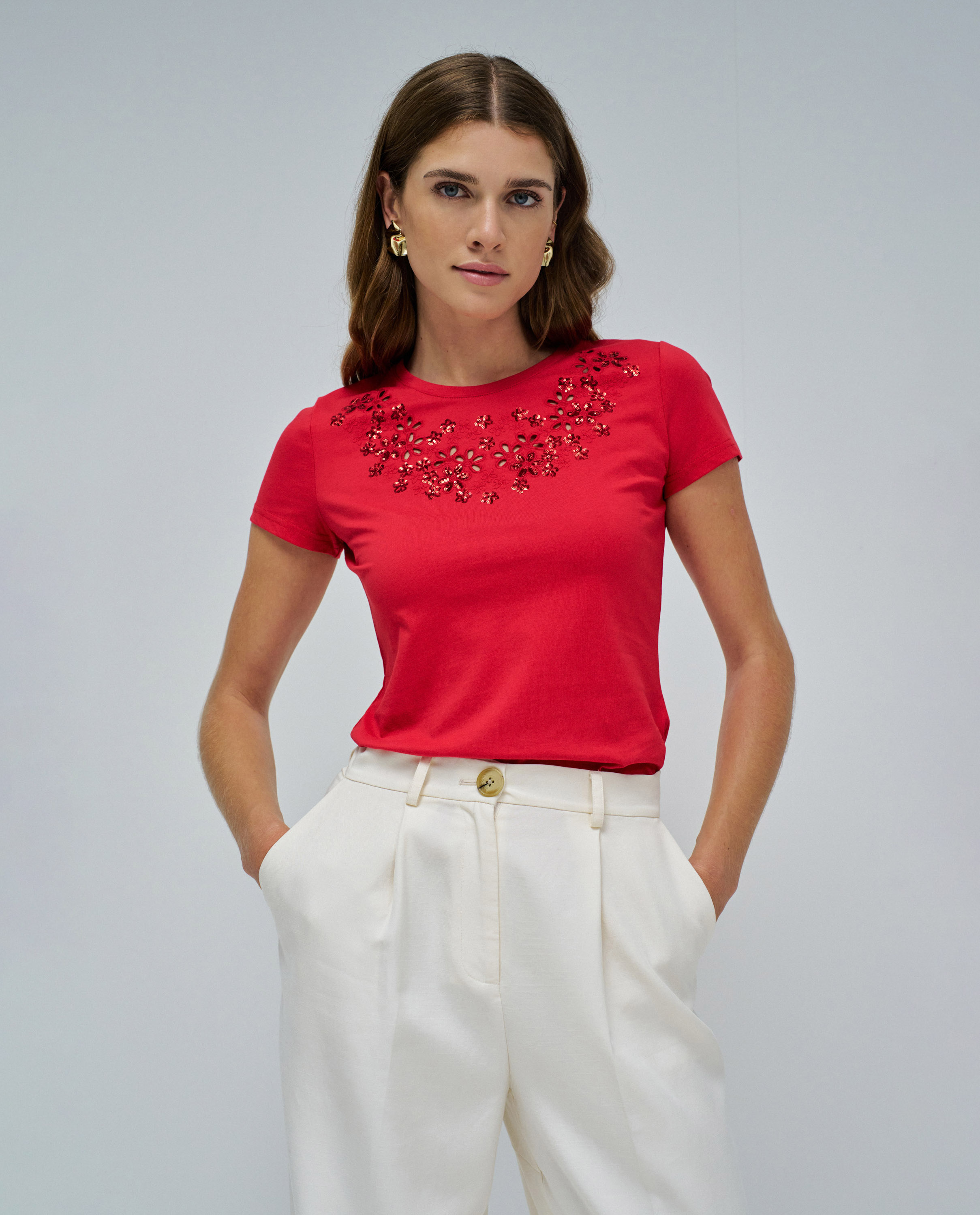 Camiseta de mujer con bordado - Salsa Jeans - Rojo Rojo-1