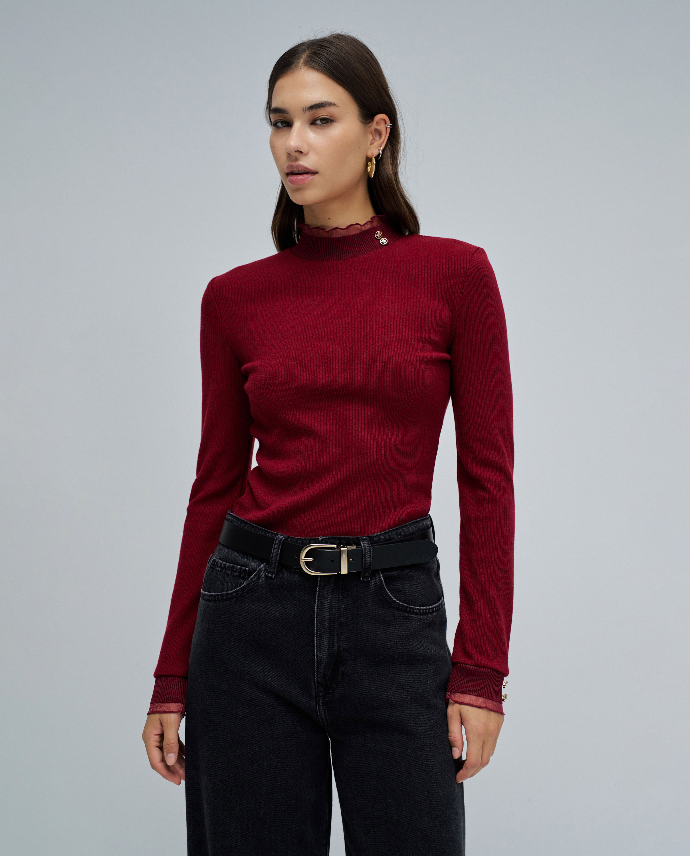Jersey de mujer de punto con cuello de tul - Salsa Jeans - Rojo Rojo-1