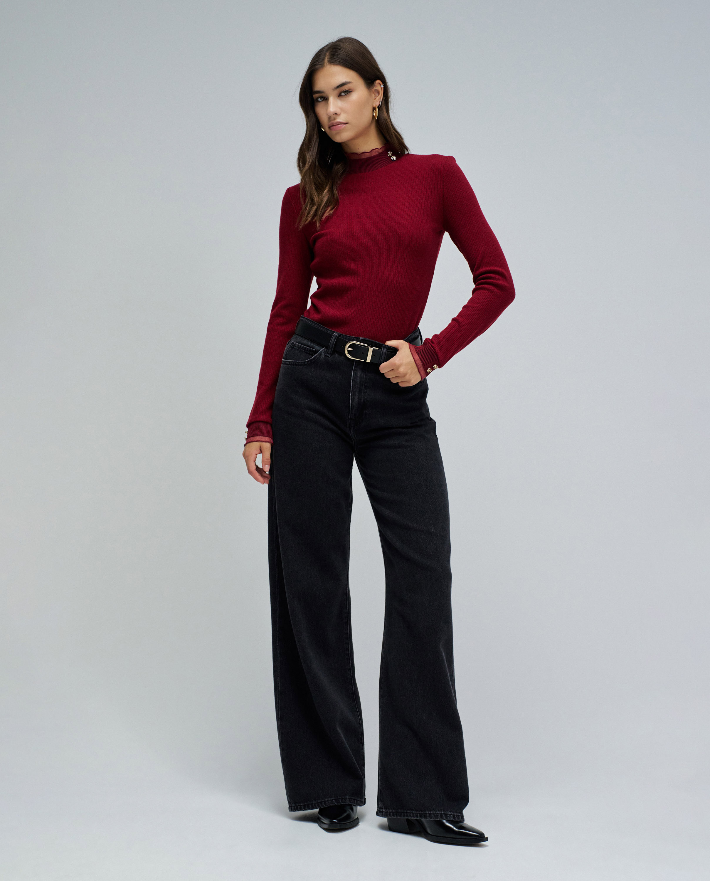 Jersey de mujer de punto con cuello de tul - Salsa Jeans - Rojo Rojo-5