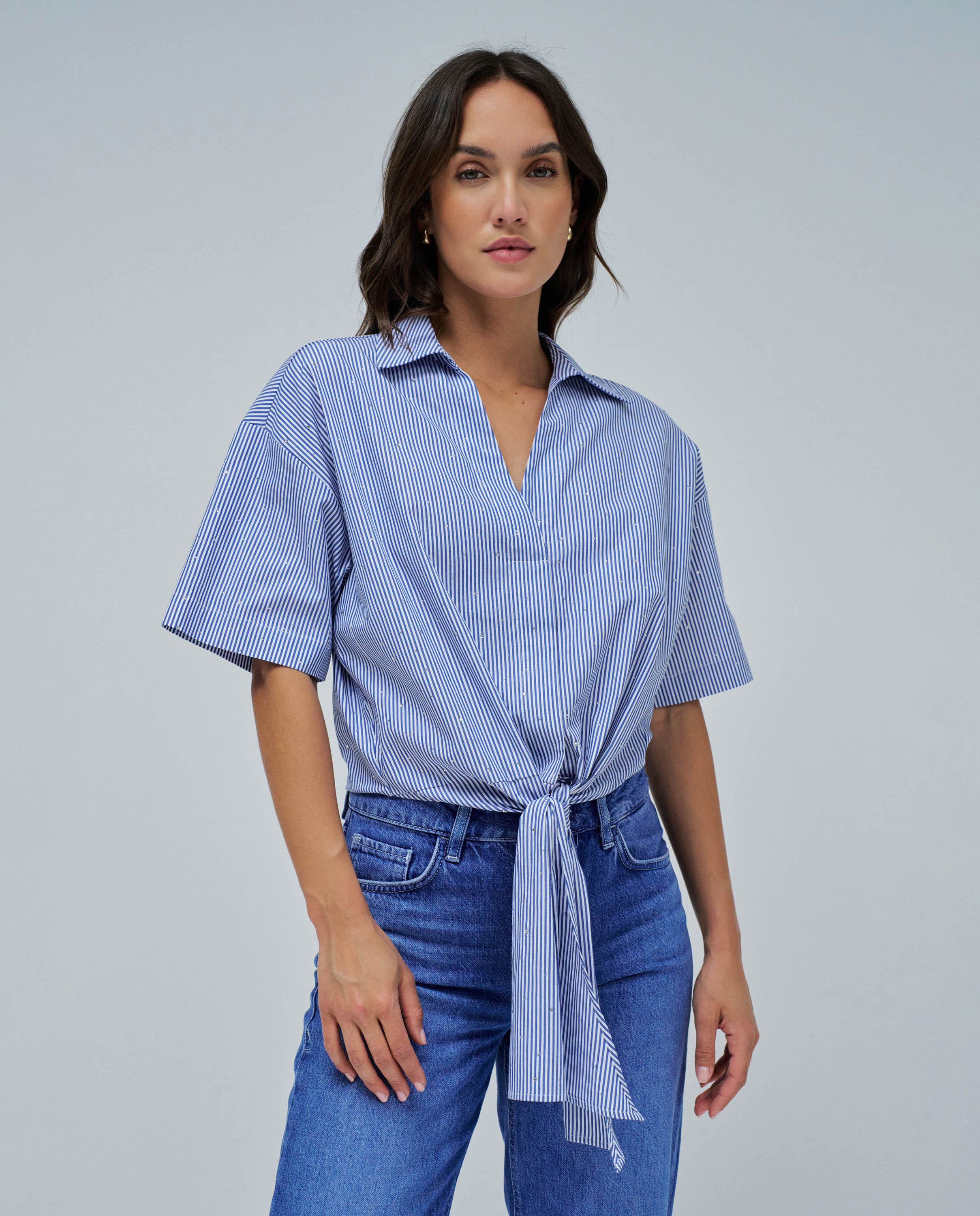 Camisa de mujer en lightdenim con lazo en el dobladillo - Salsa Jeans - Azul / Blanco Azul / Blanco-1