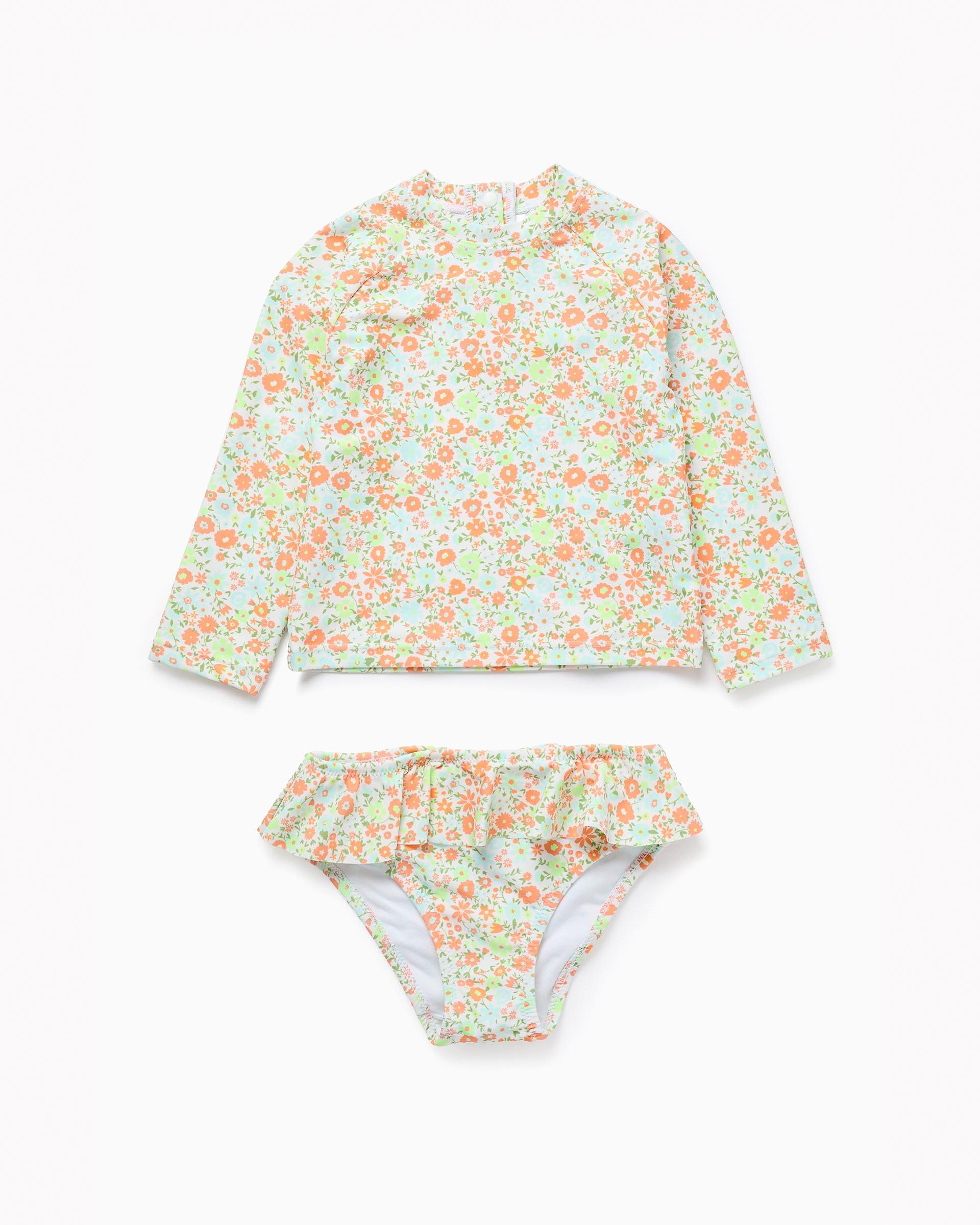 Conjunto de baño de niña de camiseta y culetín con estampado de flores