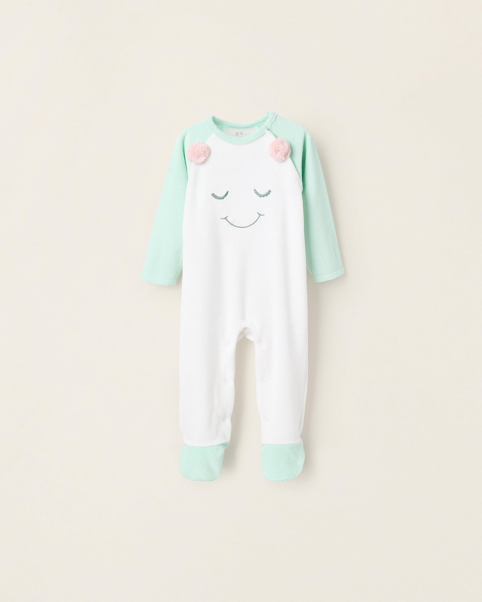 Pijama de bebé niña de terciopelo con bordado de monstruo y con pompones