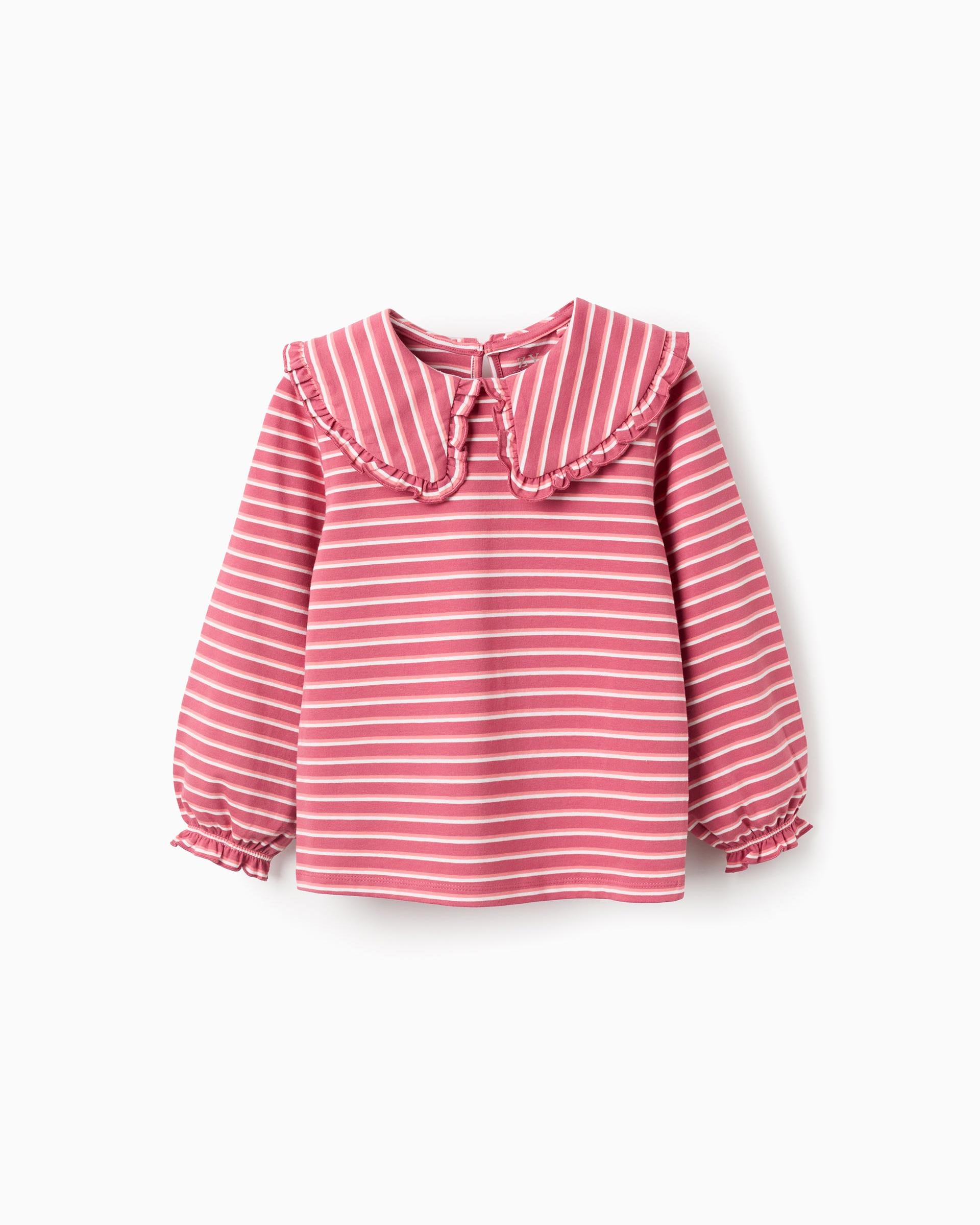 Camiseta de niña a rayas con cuello maxi y volantes