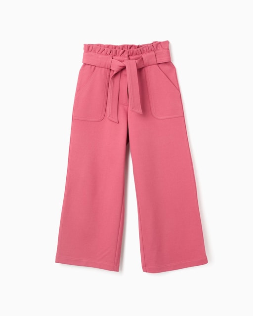 Imagen 0 de Pantálon de niña punto Roma y cintura paperbag y wide leg