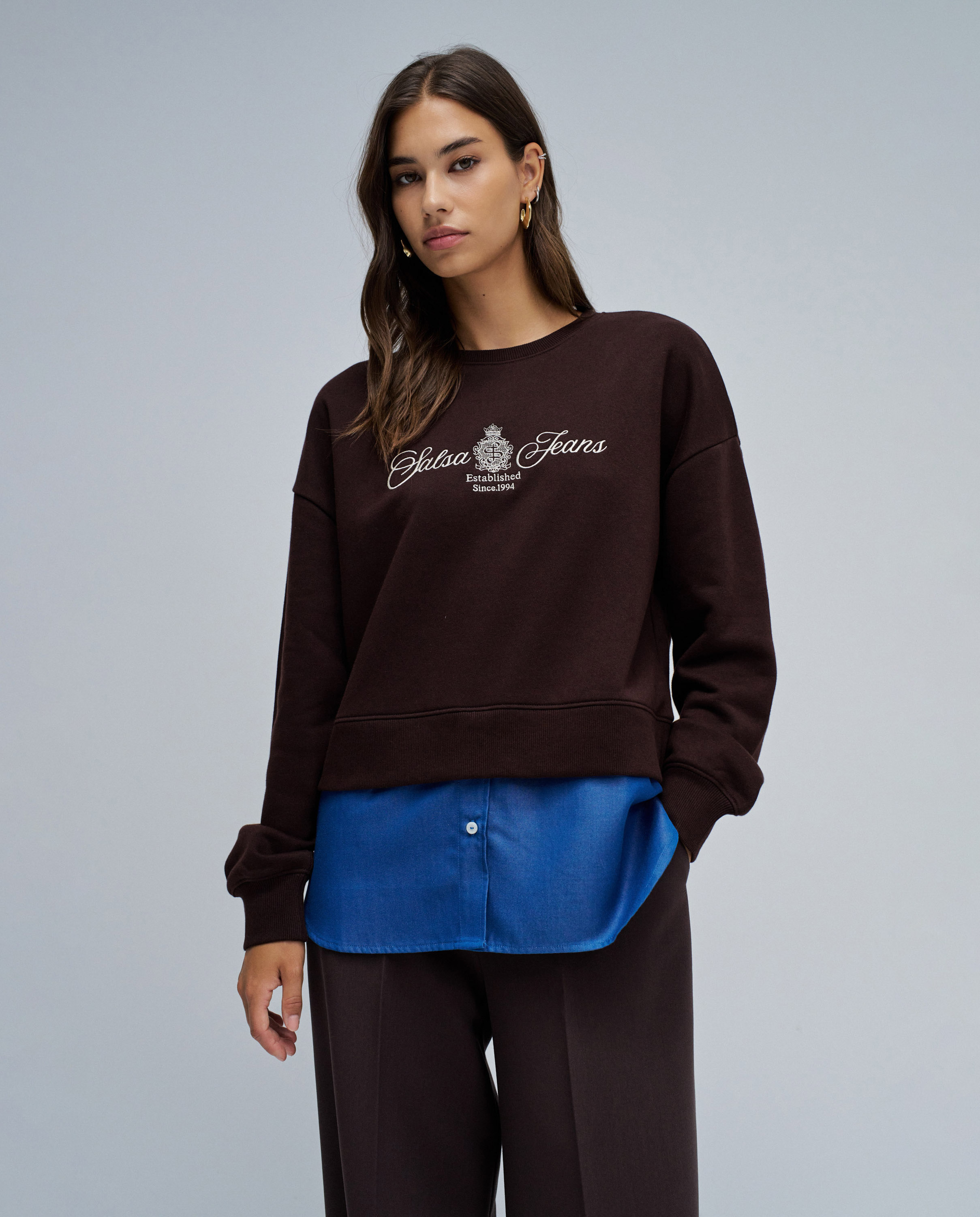 Sudadera de mujer combinada con camisa - Salsa Jeans - Marrón Marrón-1