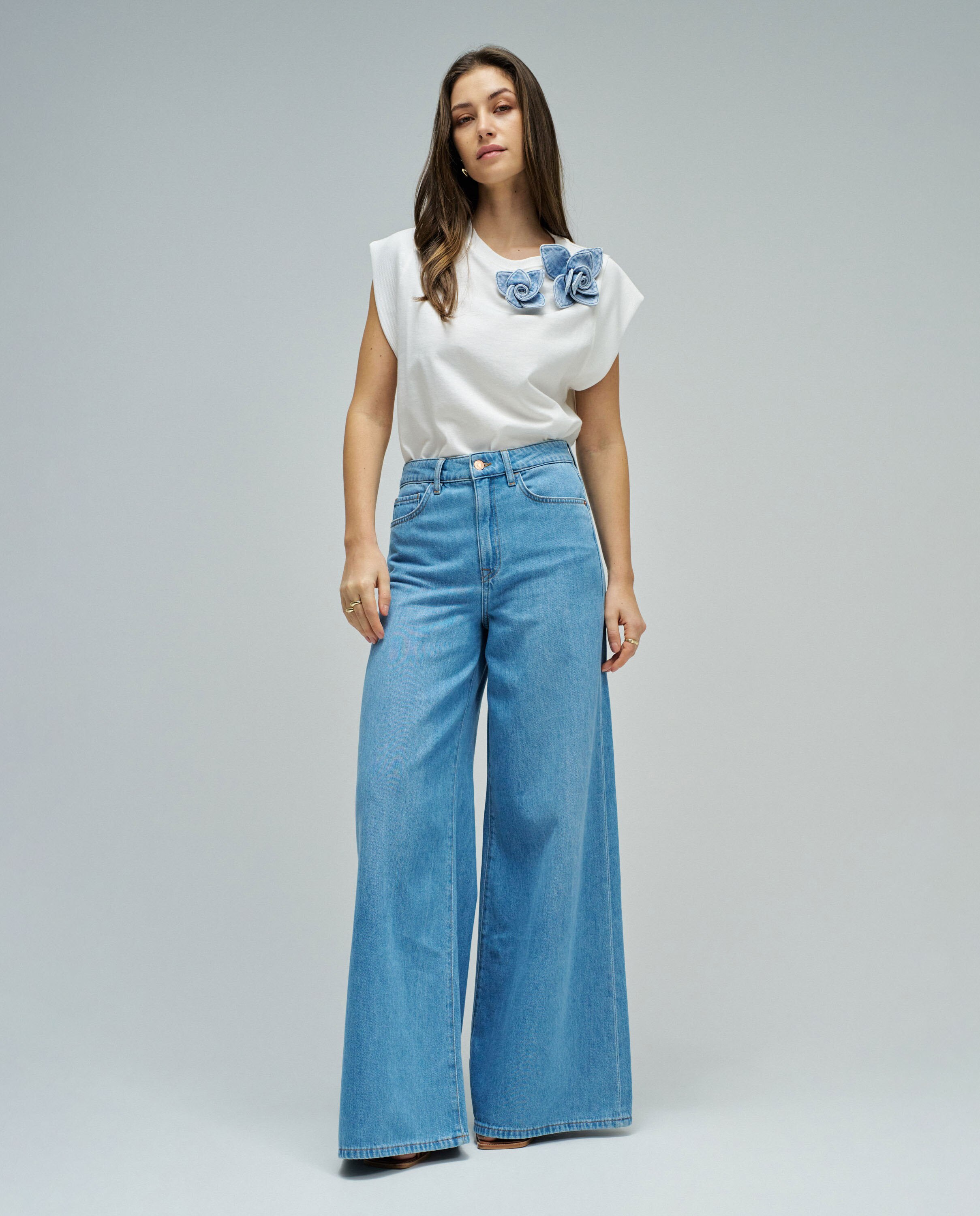 Camiseta con aplicación floral en denim de mujer - Salsa Jeans - Blanco Blanco-5