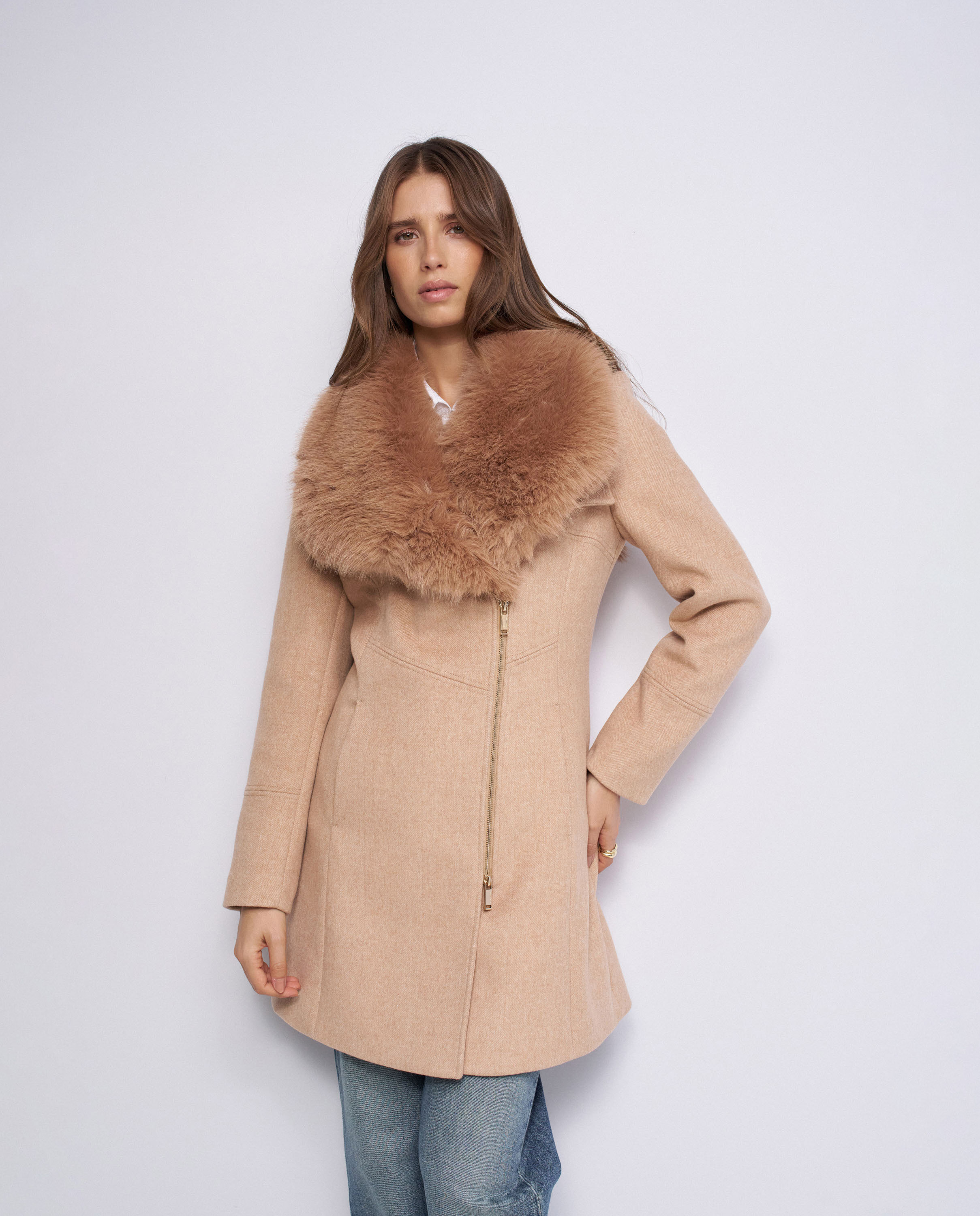 Abrigo de lana grace con pelo de mujer - Salsa Jeans - Camel Camel-1