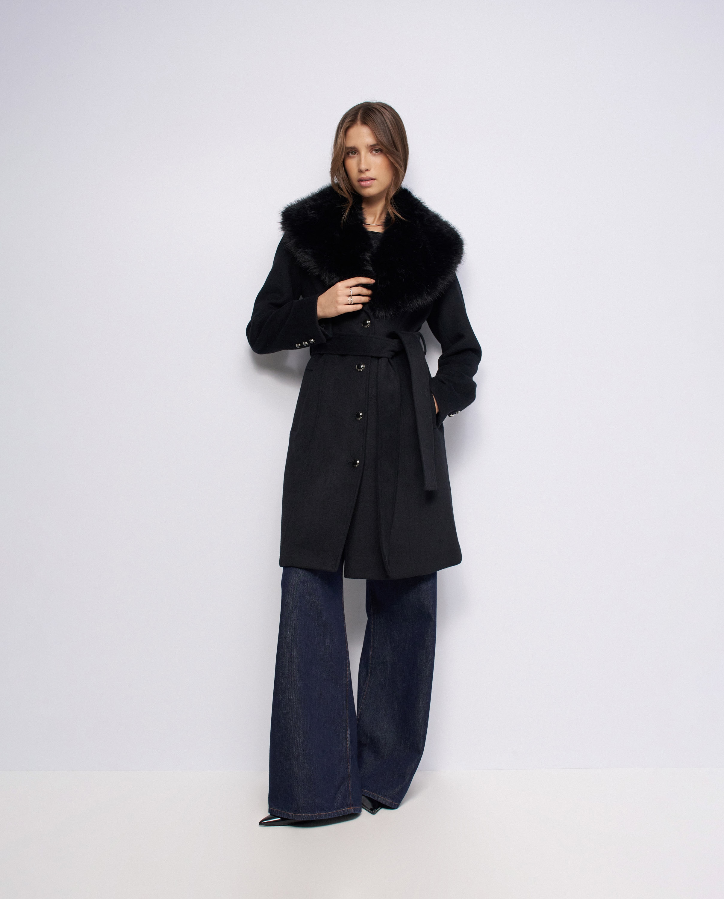 Abrigo corto de lana grace con pelo de mujer - Salsa Jeans - Negro Negro-1