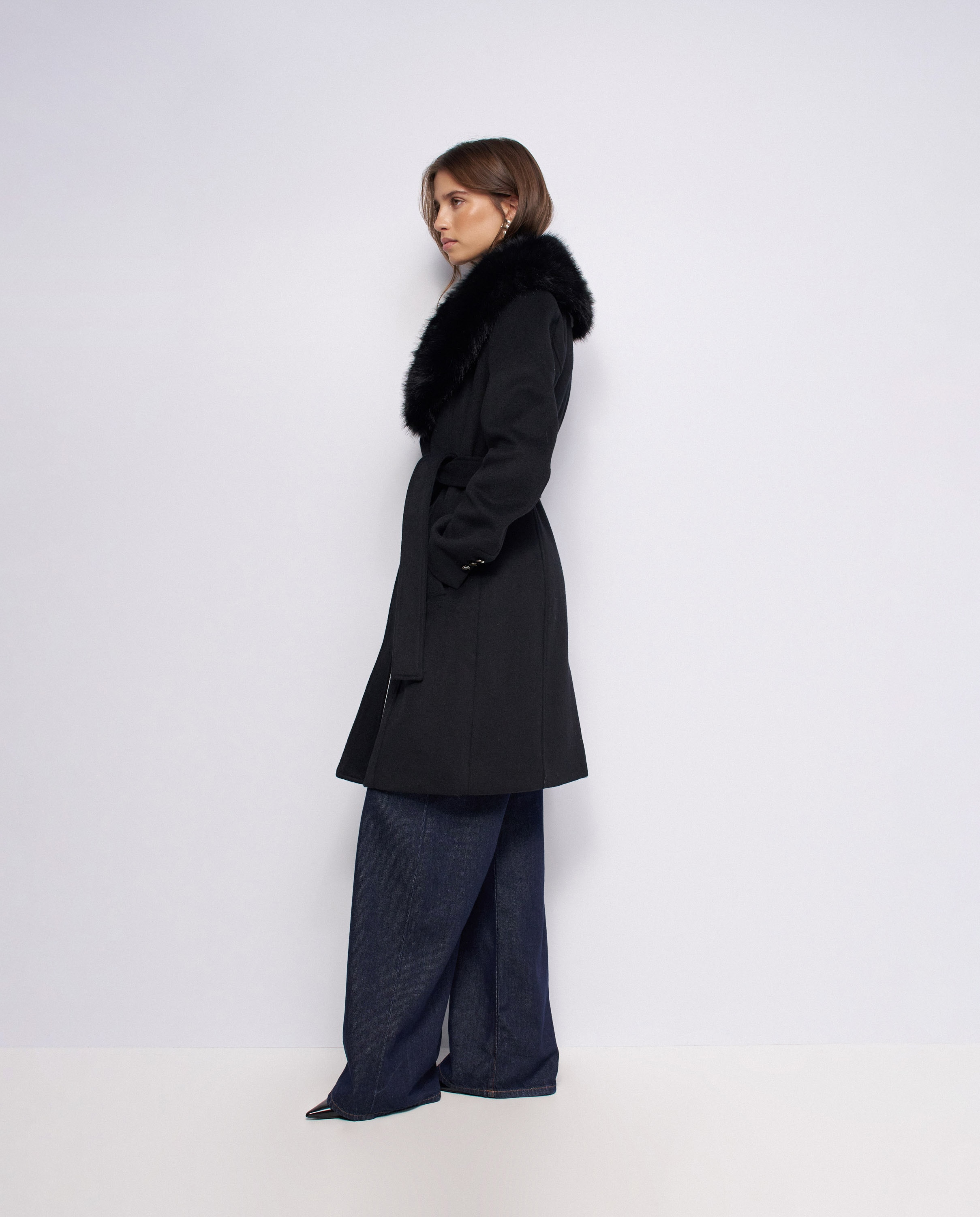 Abrigo corto de lana grace con pelo de mujer - Salsa Jeans - Negro Negro-2