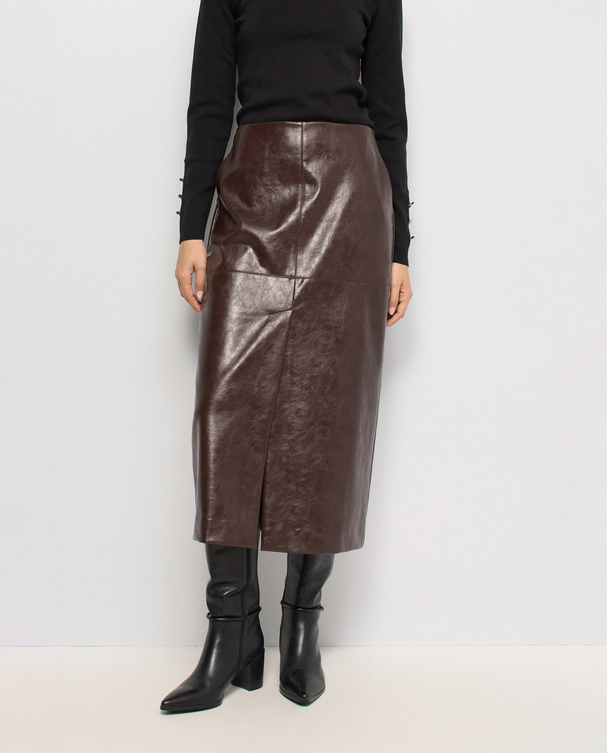 Falda midi efecto cuero de mujer - Salsa Jeans - Marrón Marrón-1