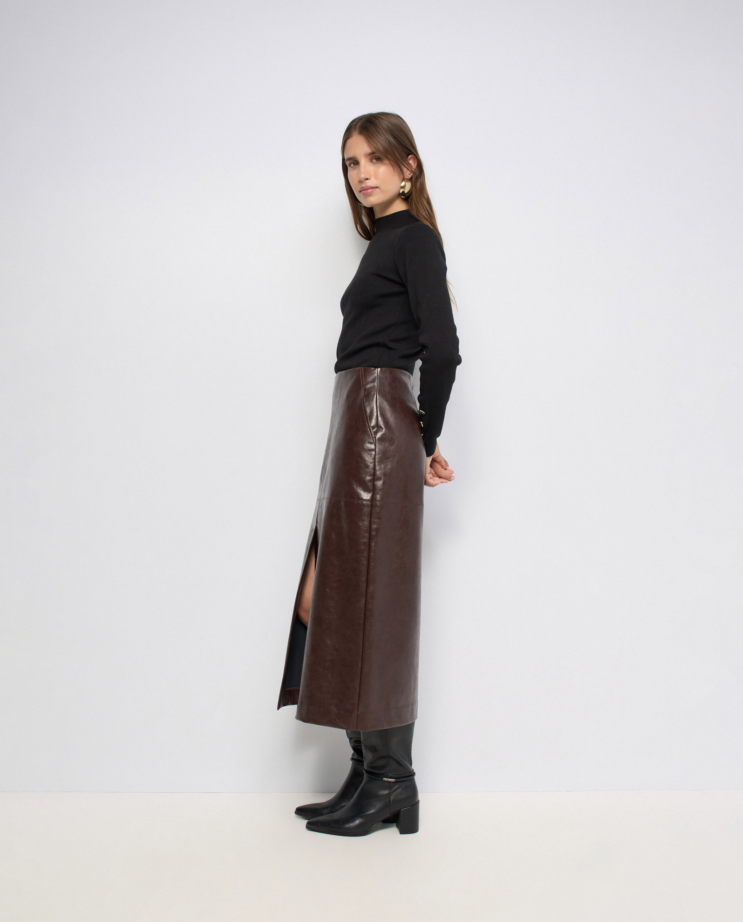 Falda midi efecto cuero de mujer - Salsa Jeans - Marrón Marrón-2