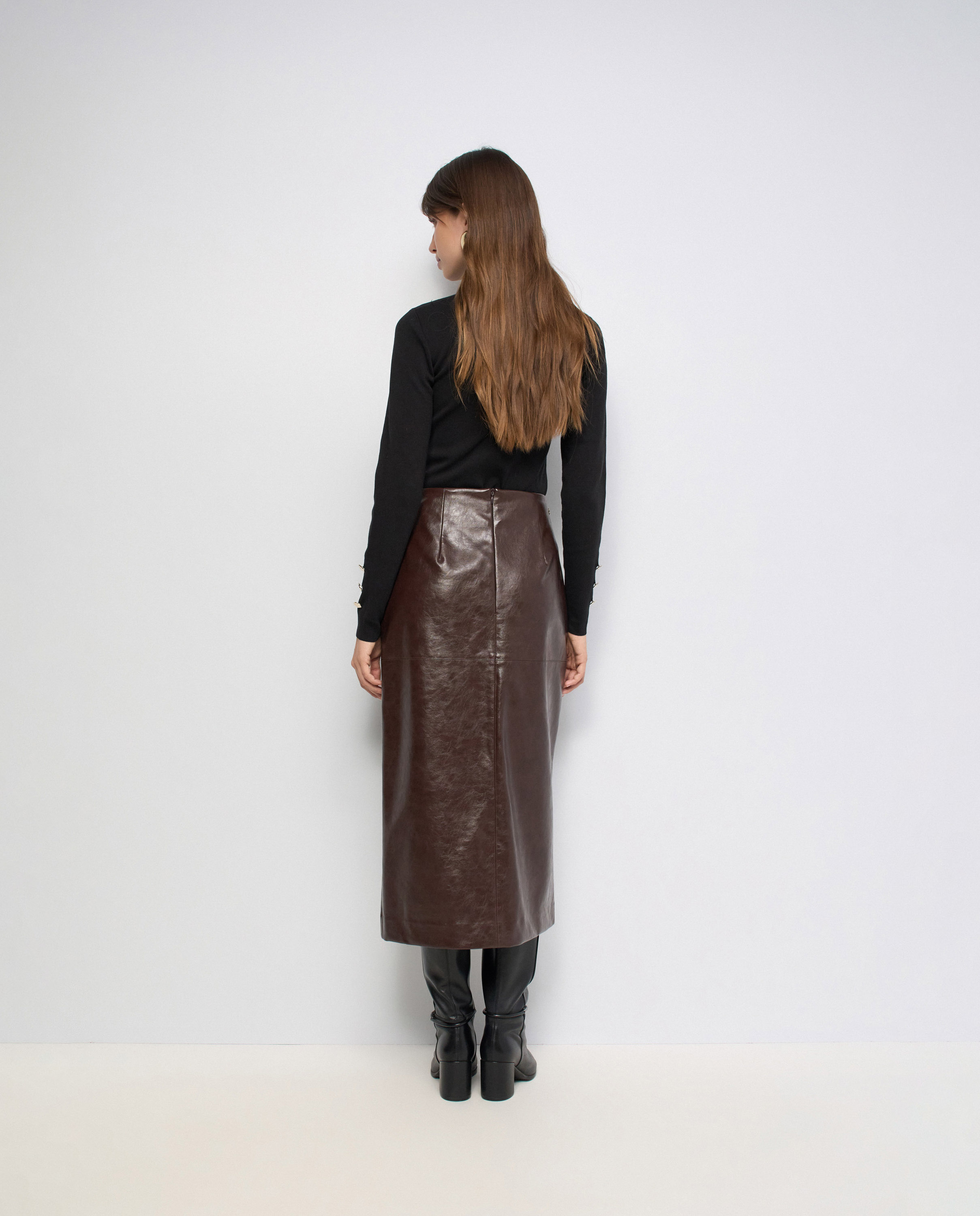 Falda midi efecto cuero de mujer - Salsa Jeans - Marrón Marrón-3
