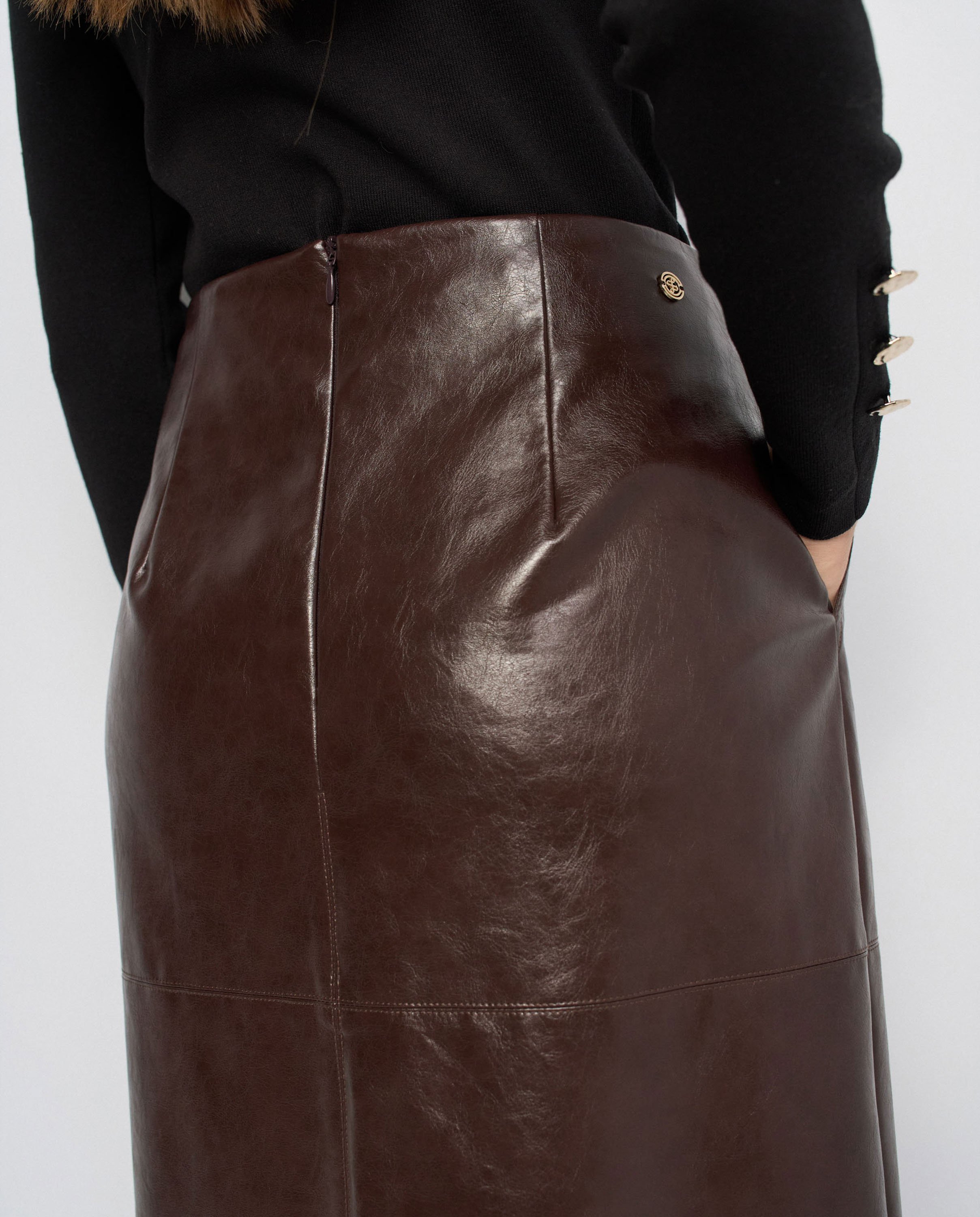 Falda midi efecto cuero de mujer - Salsa Jeans - Marrón Marrón-4