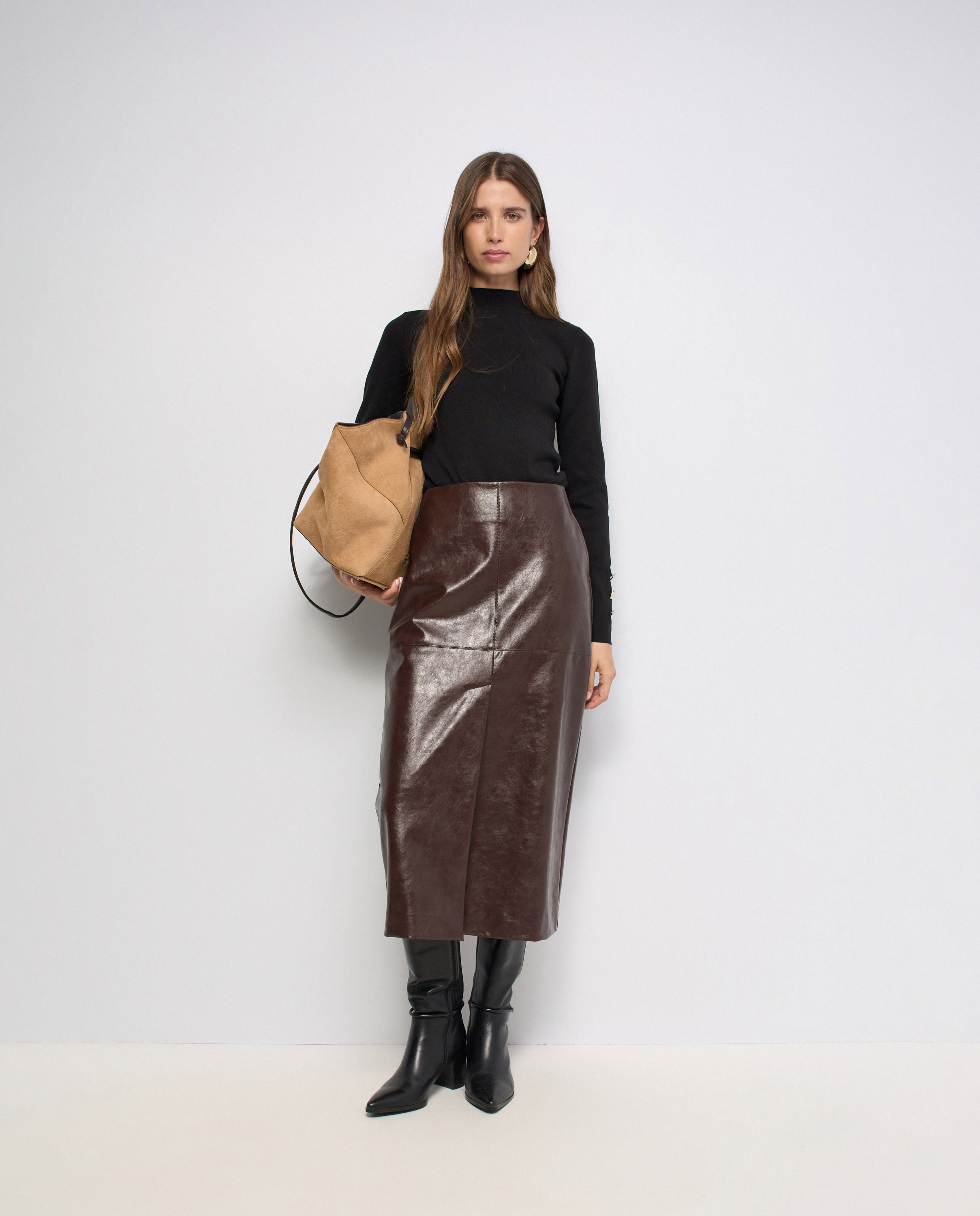 Falda midi efecto cuero de mujer - Salsa Jeans - Marrón Marrón-5