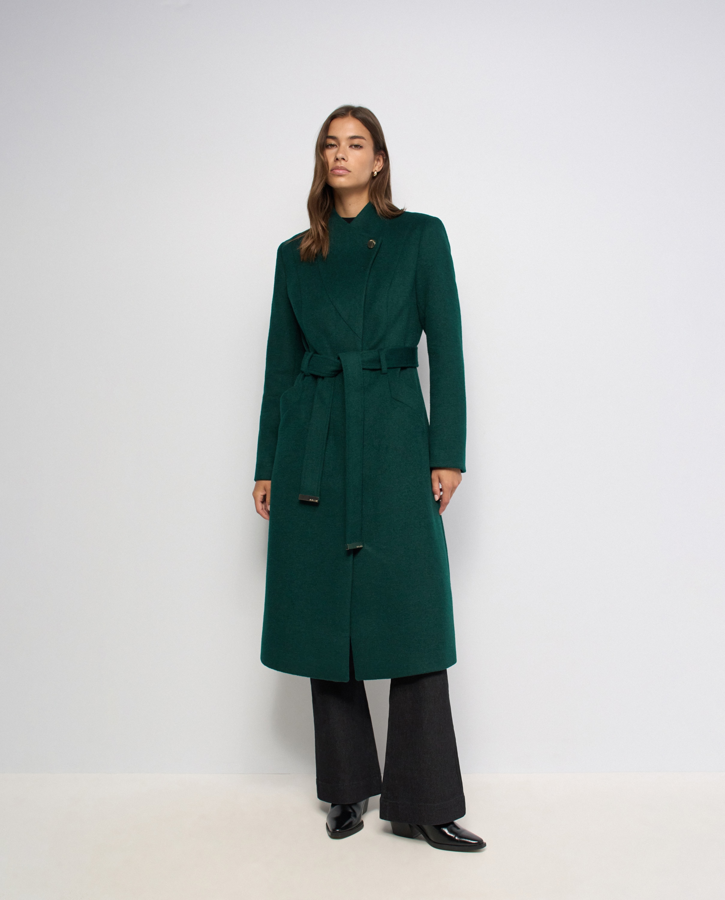 Abrigo de paño grace largo con cinturón de mujer - Salsa Jeans - Verde Verde-1