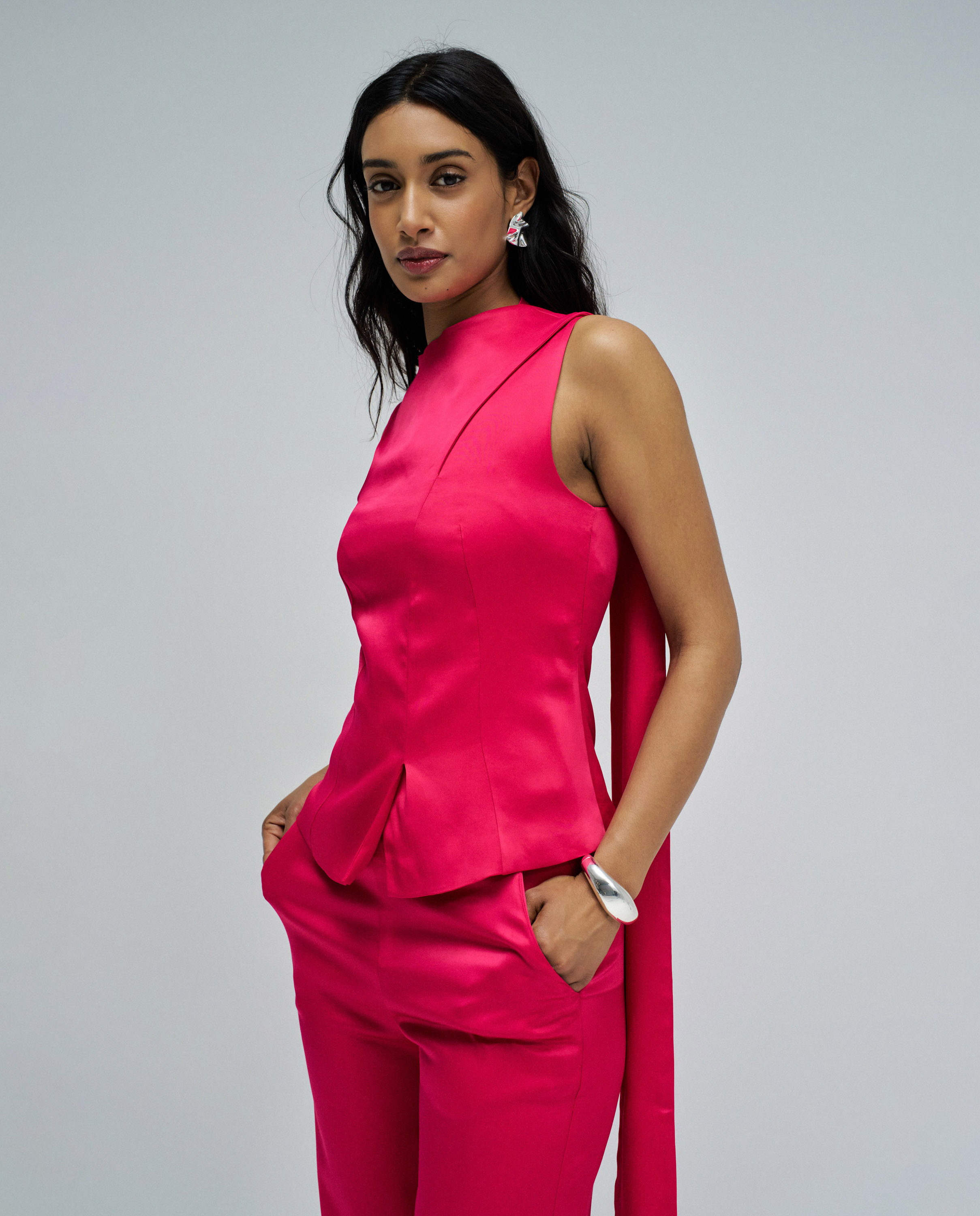 Imagen 0 de Top satinado con pañuelo de mujer Rosa
