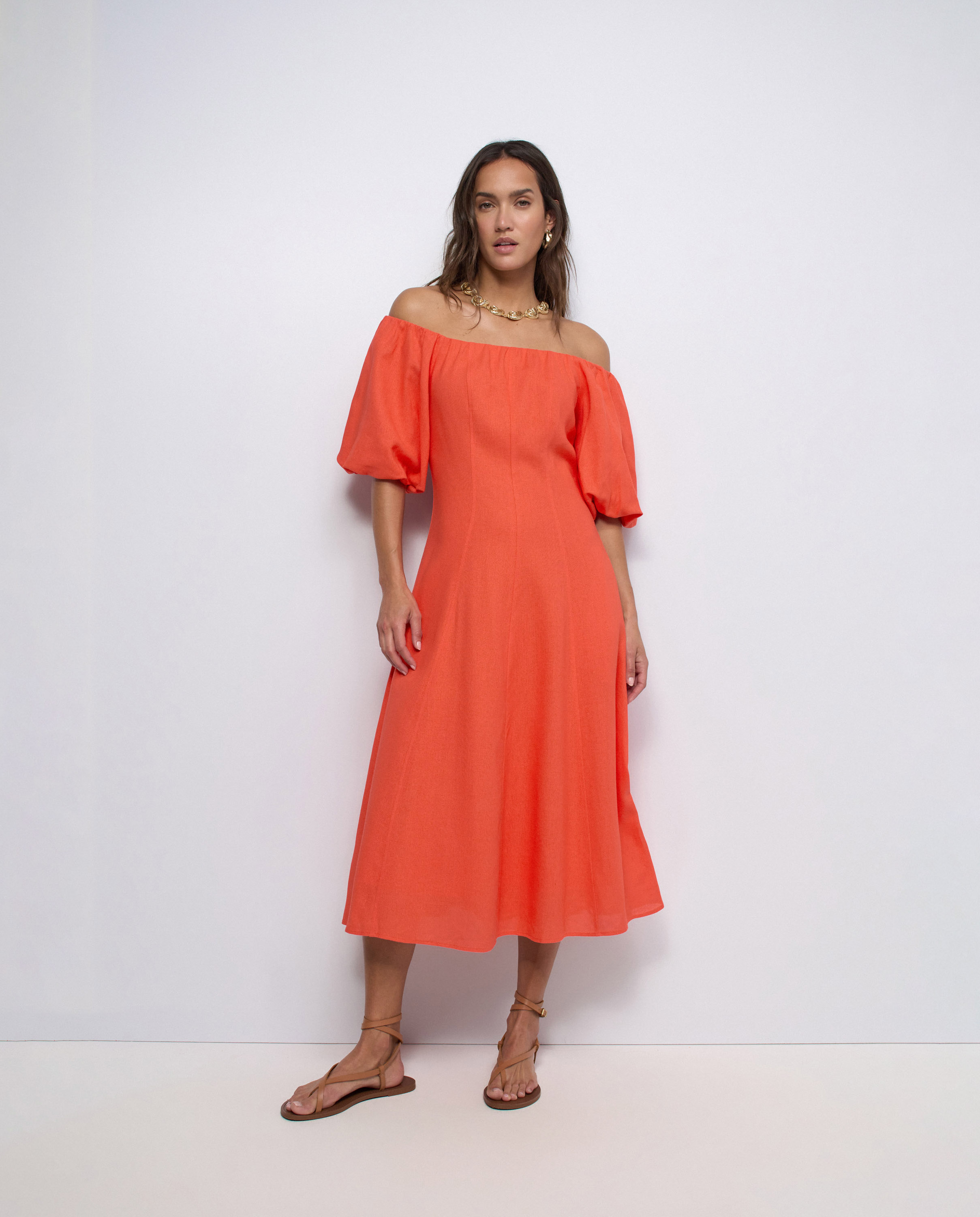 Vestido midi con lino de mujer - Salsa Jeans - Naranja Naranja-1