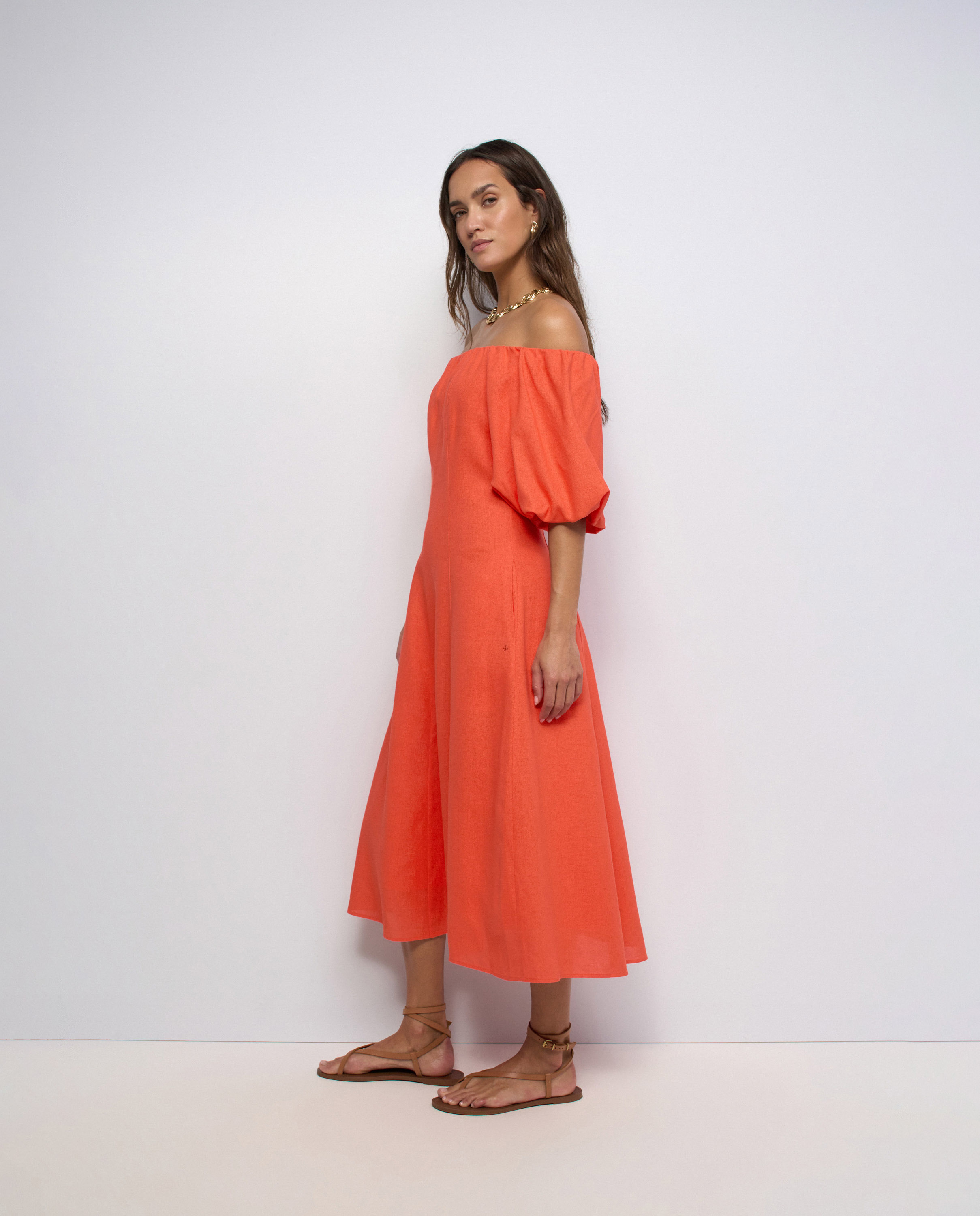 Vestido midi con lino de mujer - Salsa Jeans - Naranja Naranja-2