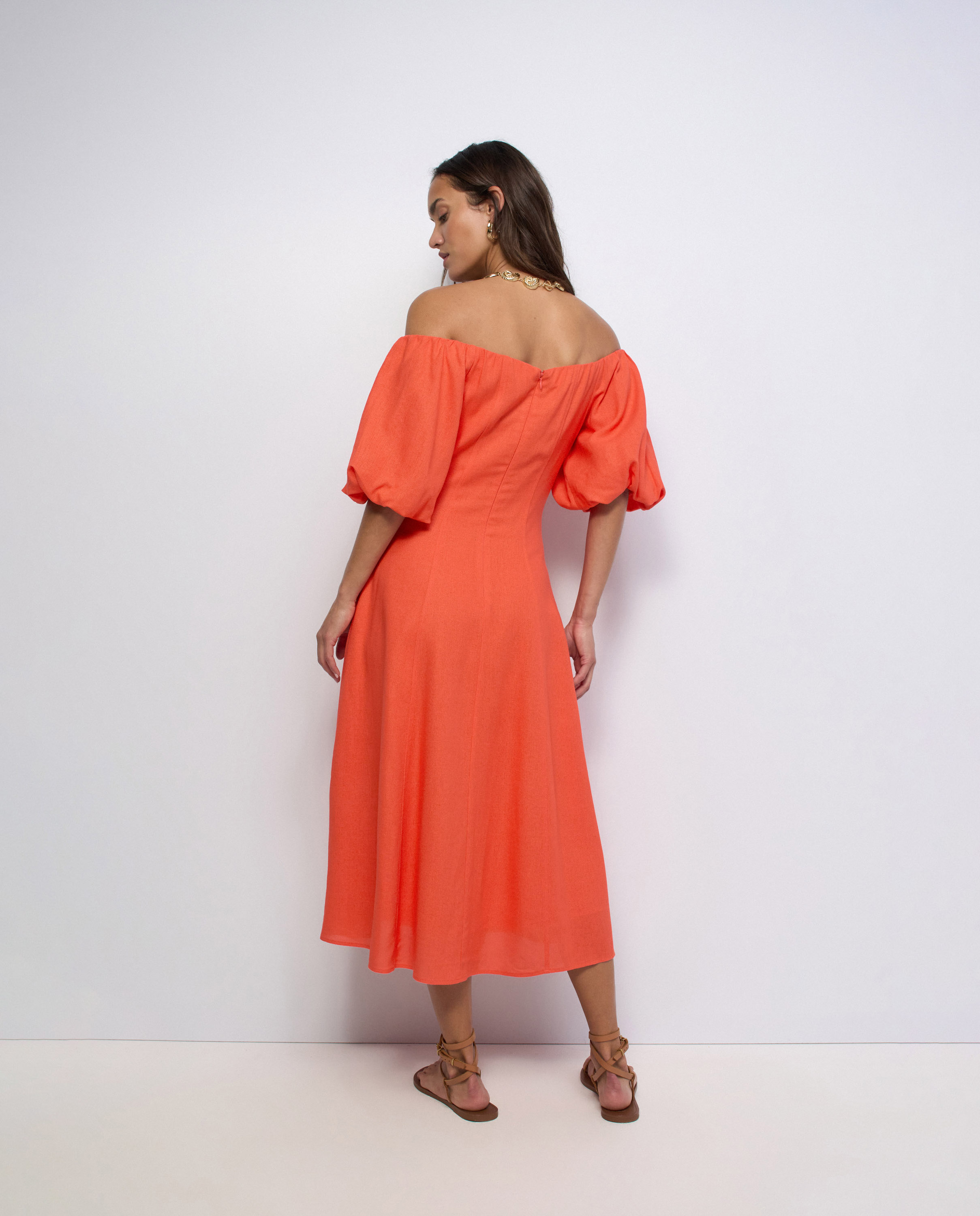 Vestido midi con lino de mujer - Salsa Jeans - Naranja Naranja-3