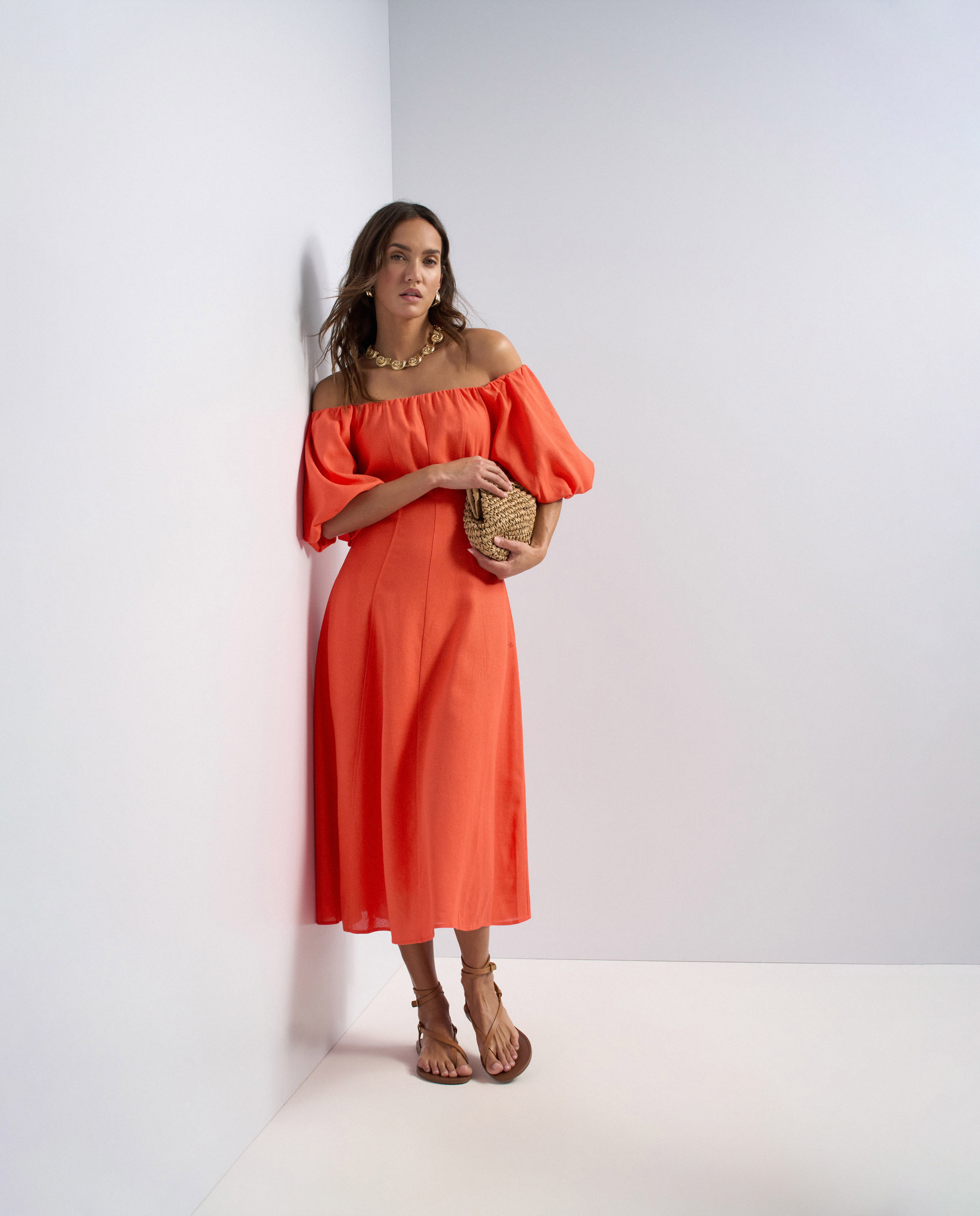 Vestido midi con lino de mujer - Salsa Jeans - Naranja Naranja-5
