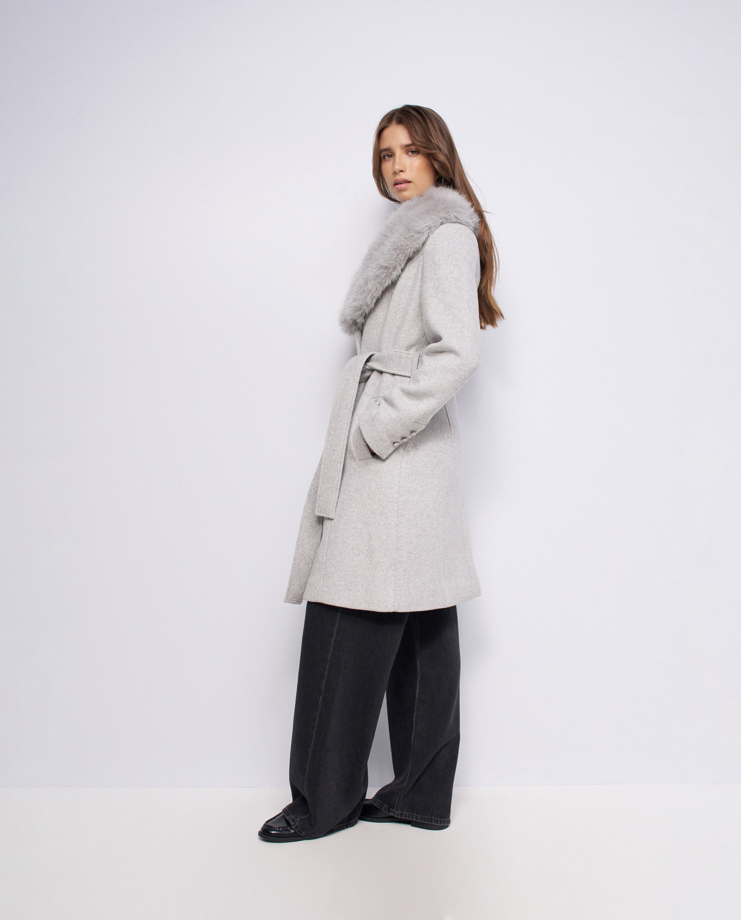 Abrigo corto de lana grace con pelo de mujer - Salsa Jeans - Gris Gris-2