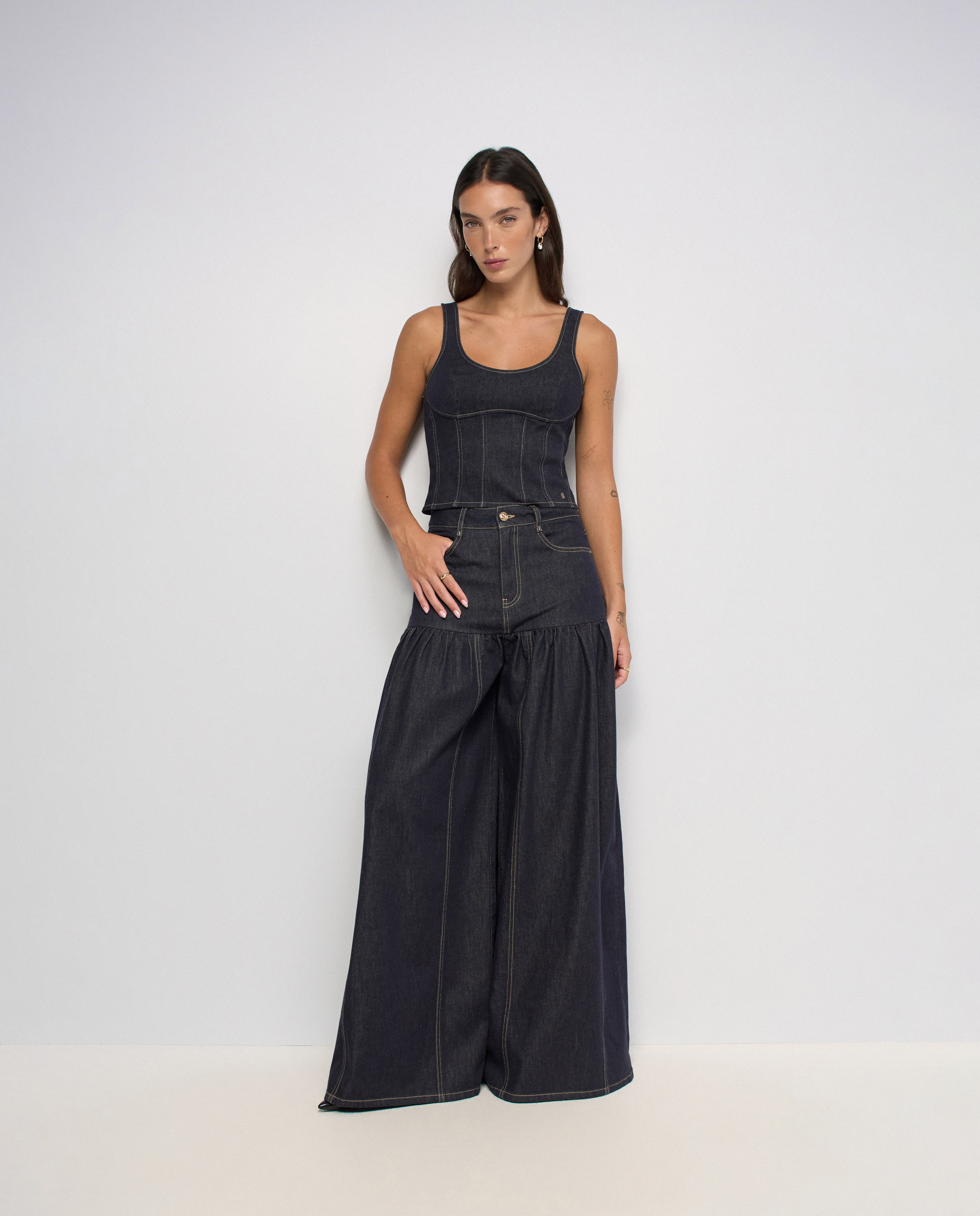 Vaqueros super wide leg efecto falda en raw denim de mujer - Salsa Jeans - Azul Azul-1