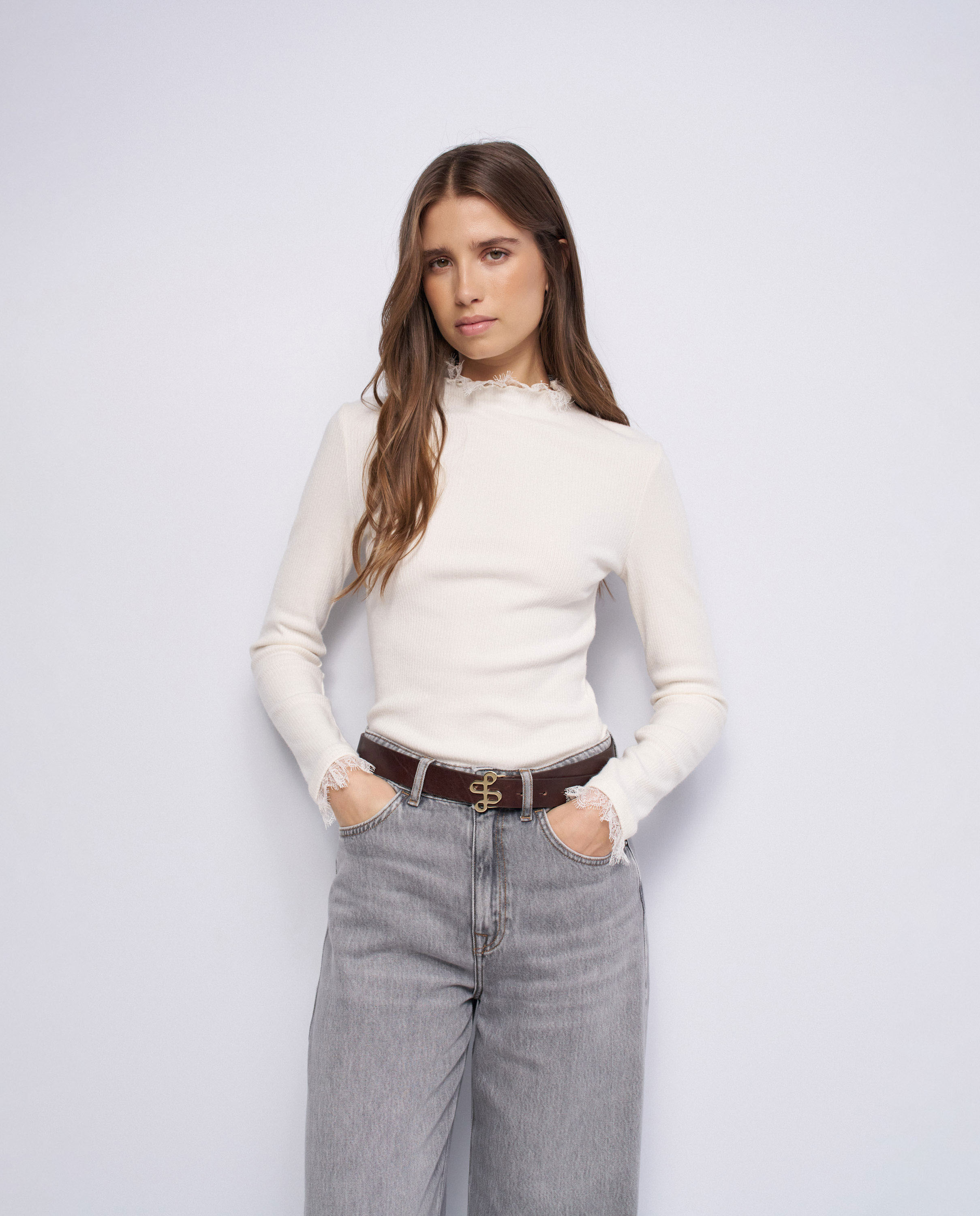 Jersey de punto canalé con encaje de mujer - Salsa Jeans - Natural Natural-1