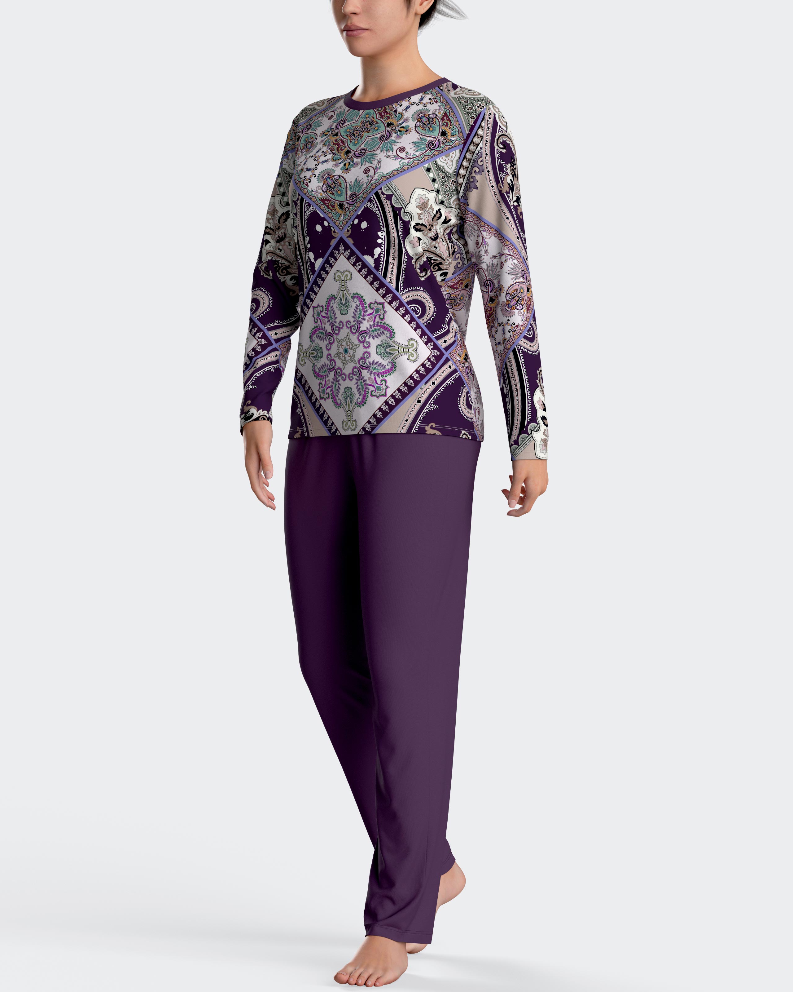 Pijama de mujer largo con estampado oriental - Impetus - Blanco/Morado Blanco/Morado-1