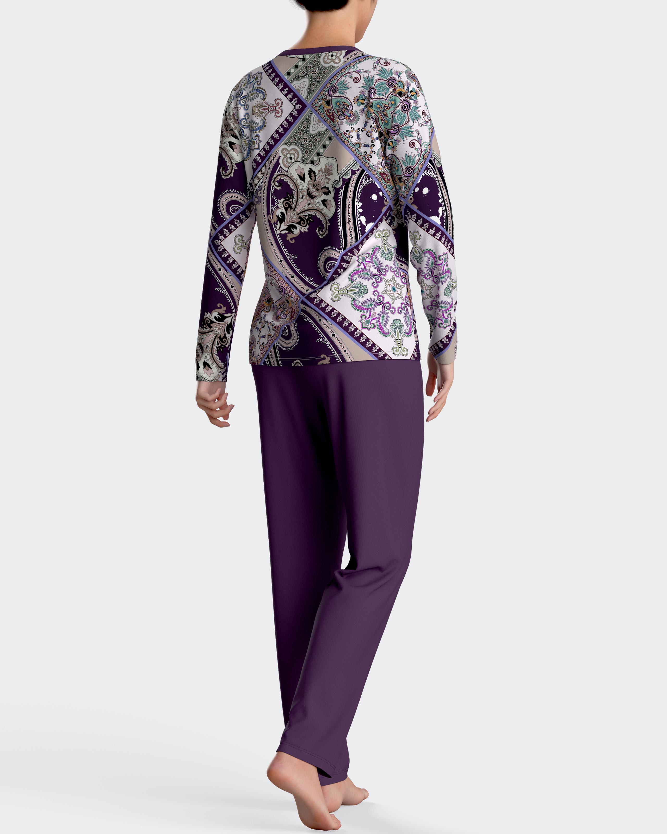 Pijama de mujer largo con estampado oriental - Impetus - Blanco/Morado Blanco/Morado-2