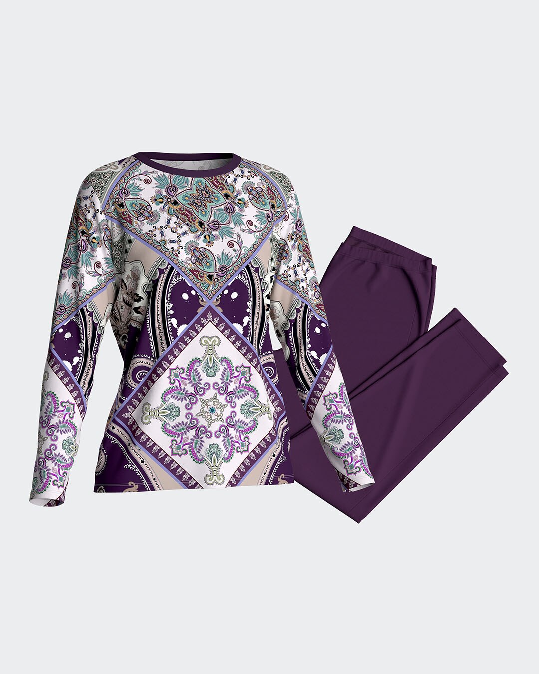 Pijama de mujer largo con estampado oriental - Impetus - Blanco/Morado Blanco/Morado-3