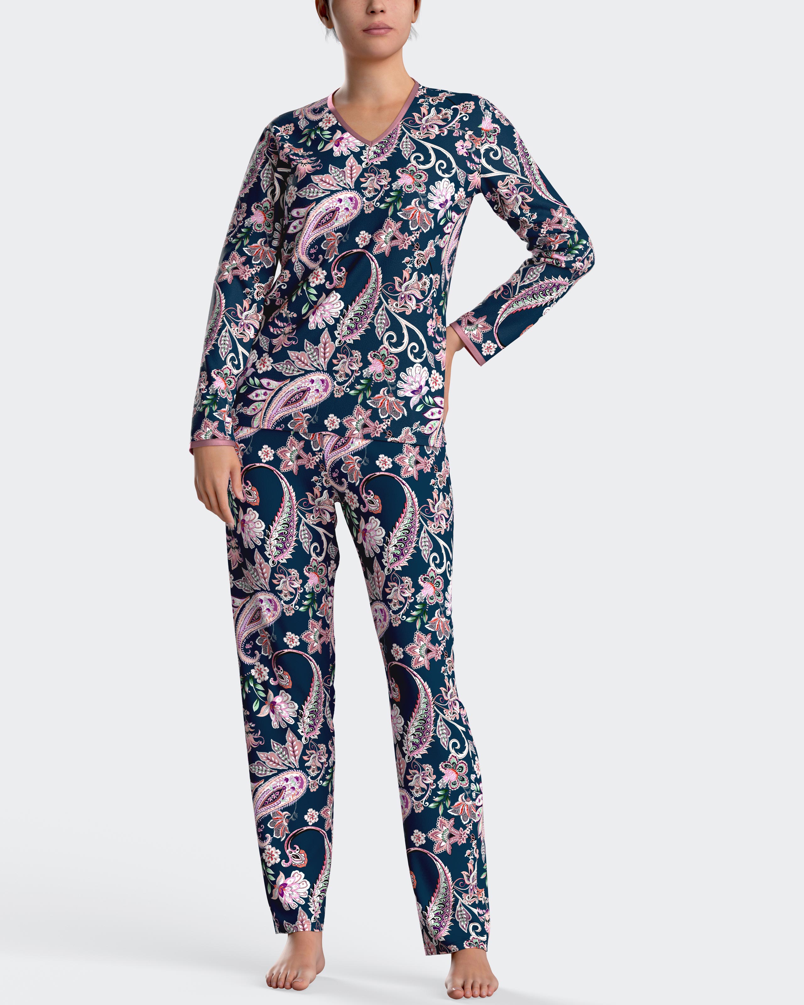 Pijama de mujer largo con estampado paisley en algodón modal - Impetus - Azul marino Azul marino-1
