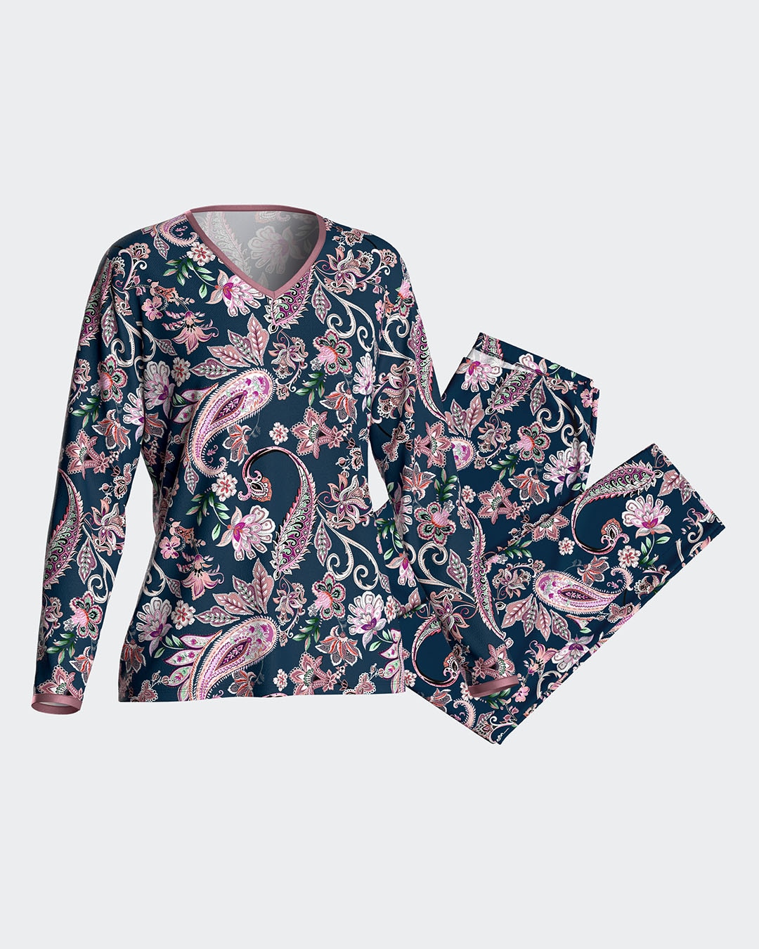 Pijama de mujer largo con estampado paisley en algodón modal - Impetus - Azul marino Azul marino-3